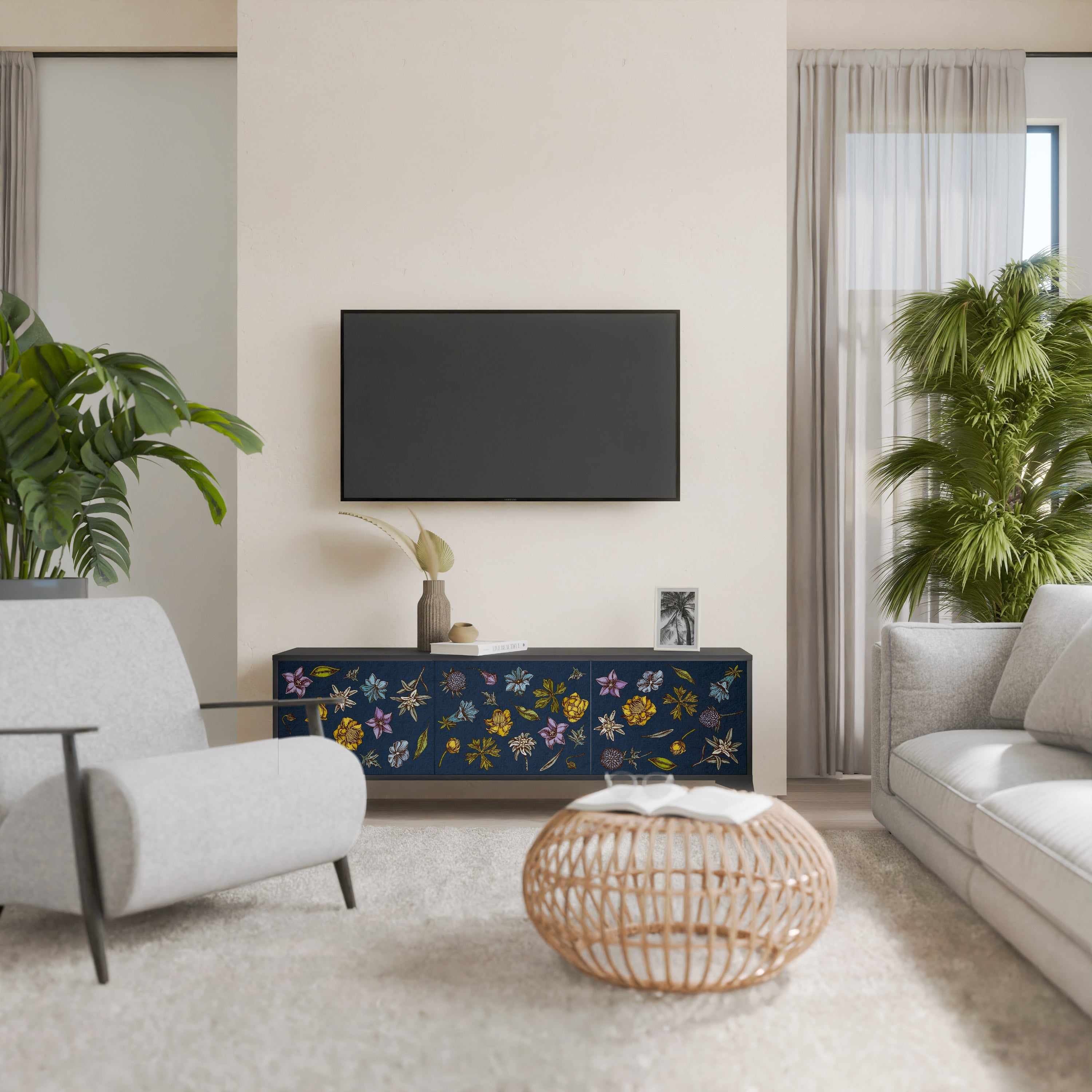 Meuble TV 3 portes FLOWERS ON NAVY BLUE, finition noire