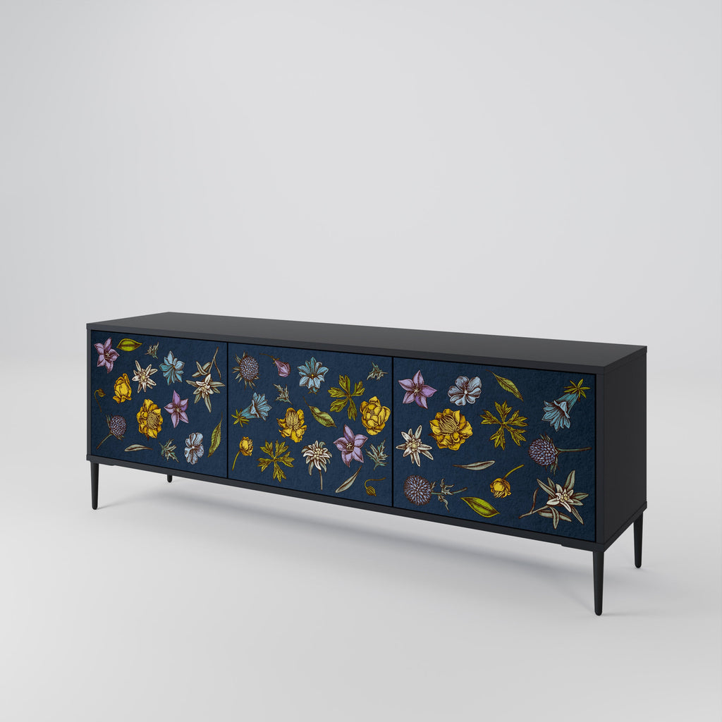 Meuble TV 3 portes FLOWERS ON NAVY BLUE, finition noire
