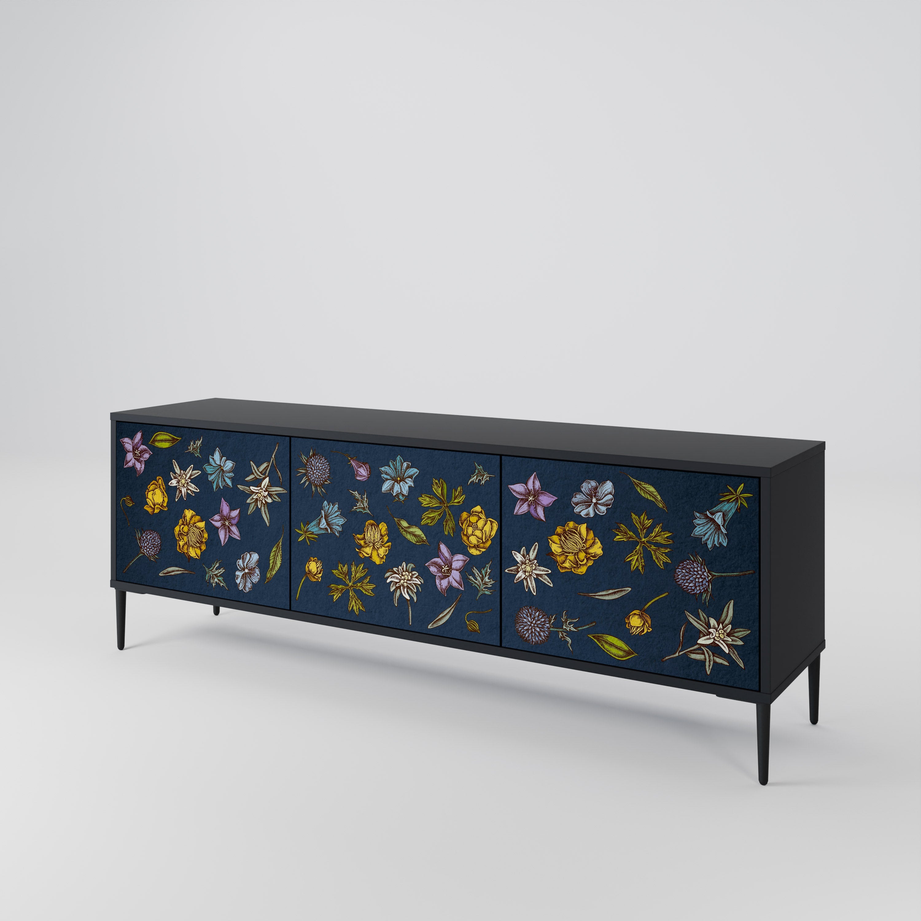 Meuble TV 3 portes FLOWERS ON NAVY BLUE, finition noire