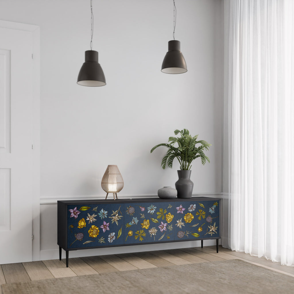 Meuble TV 3 portes FLOWERS ON NAVY BLUE, finition noire