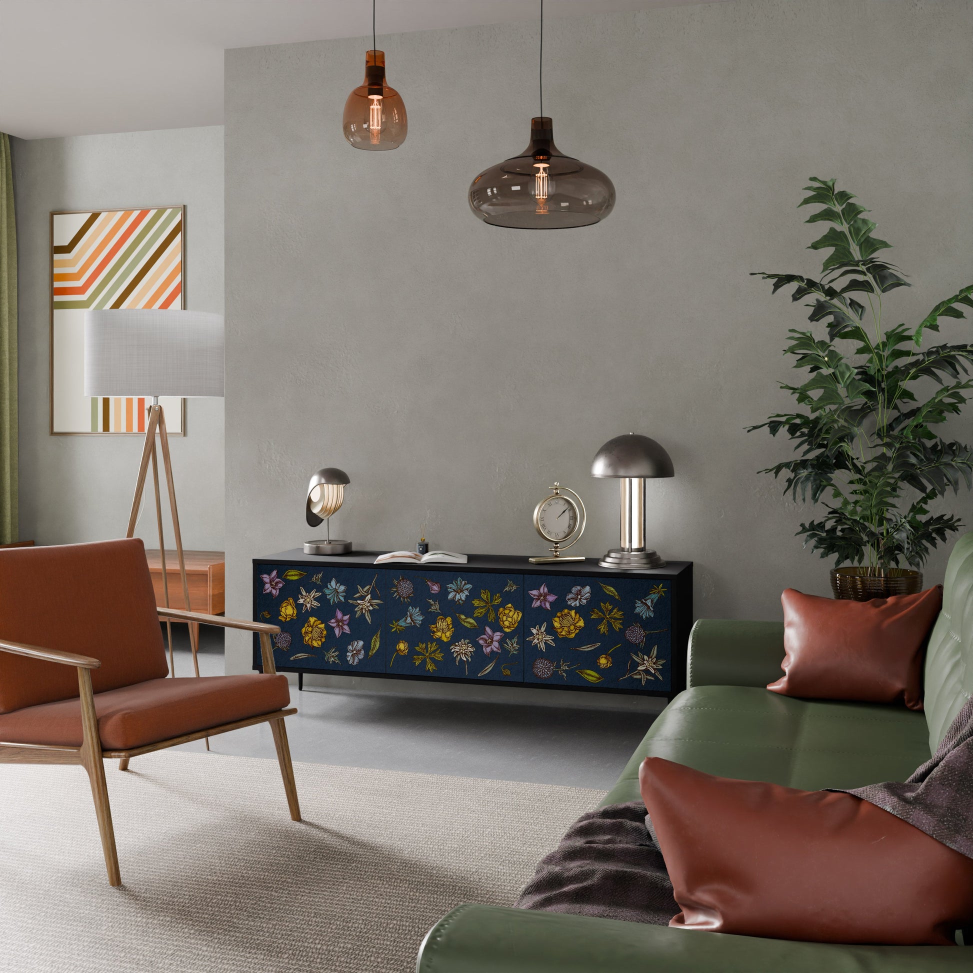 Meuble TV 3 portes FLOWERS ON NAVY BLUE, finition noire