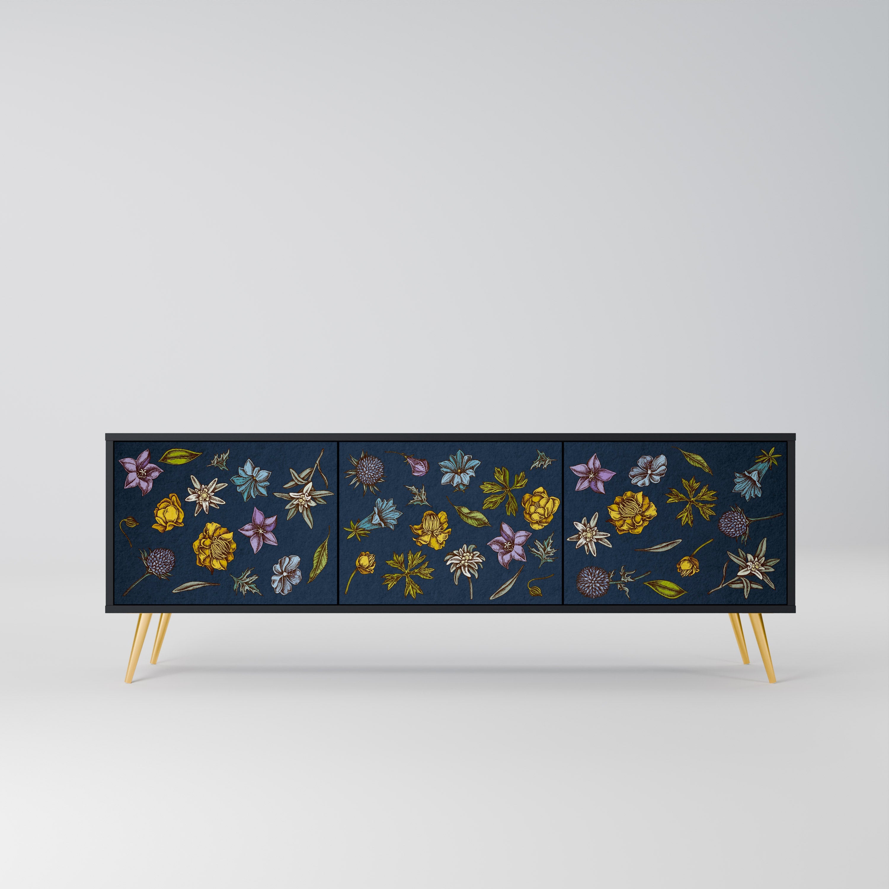 Meuble TV 3 portes FLOWERS ON NAVY BLUE, finition noire