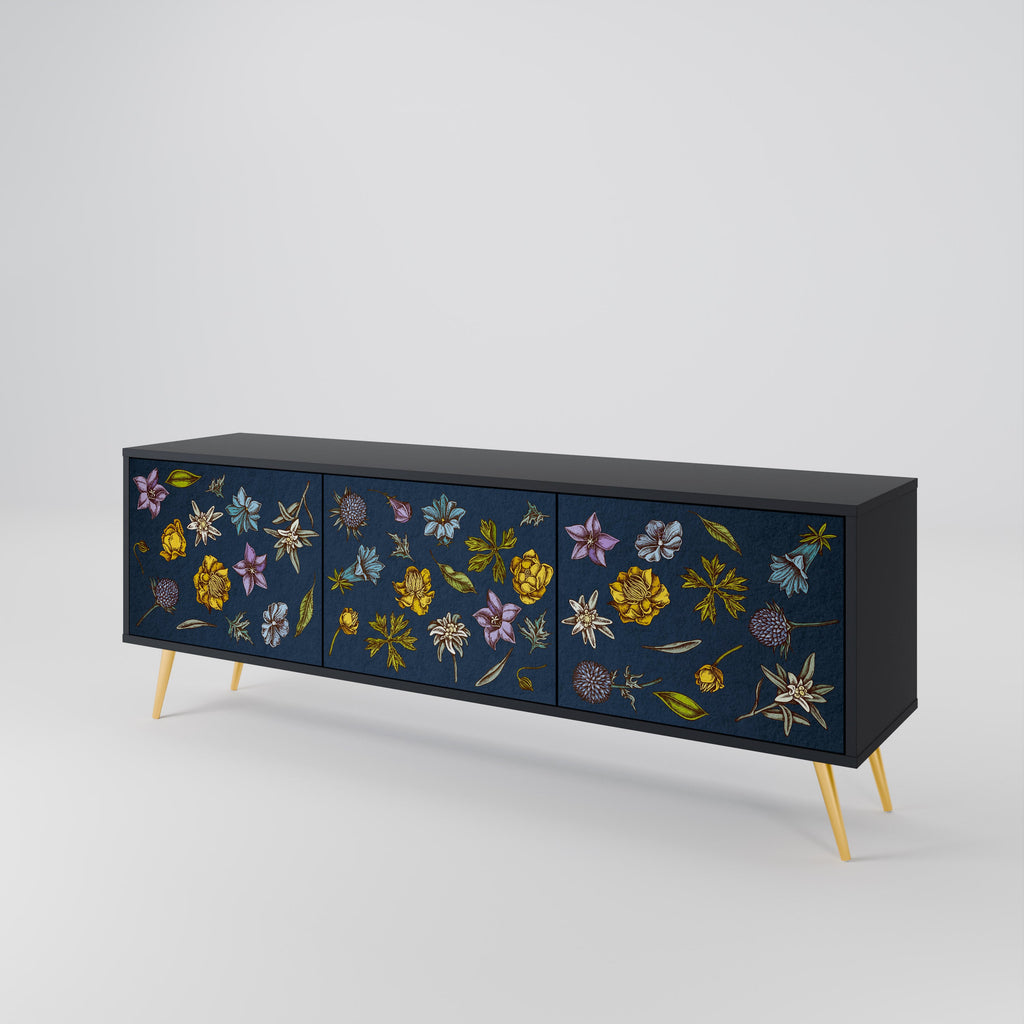 Meuble TV 3 portes FLOWERS ON NAVY BLUE, finition noire