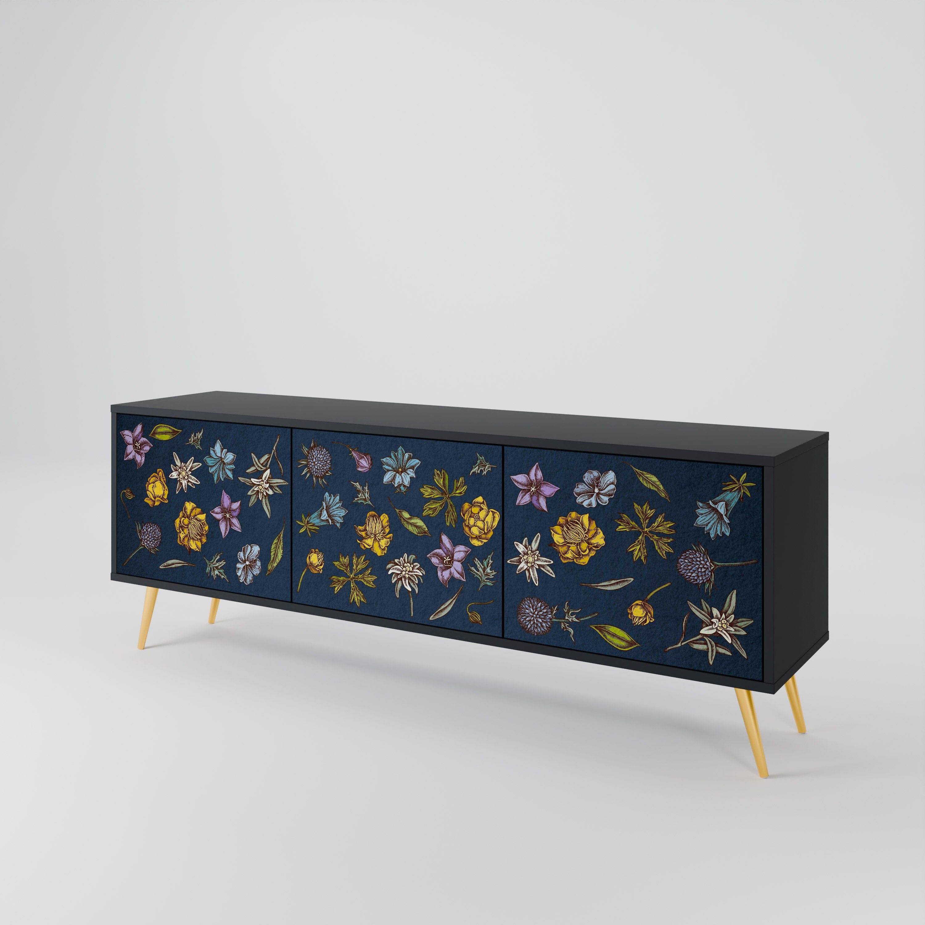 Meuble TV 3 portes FLOWERS ON NAVY BLUE, finition noire