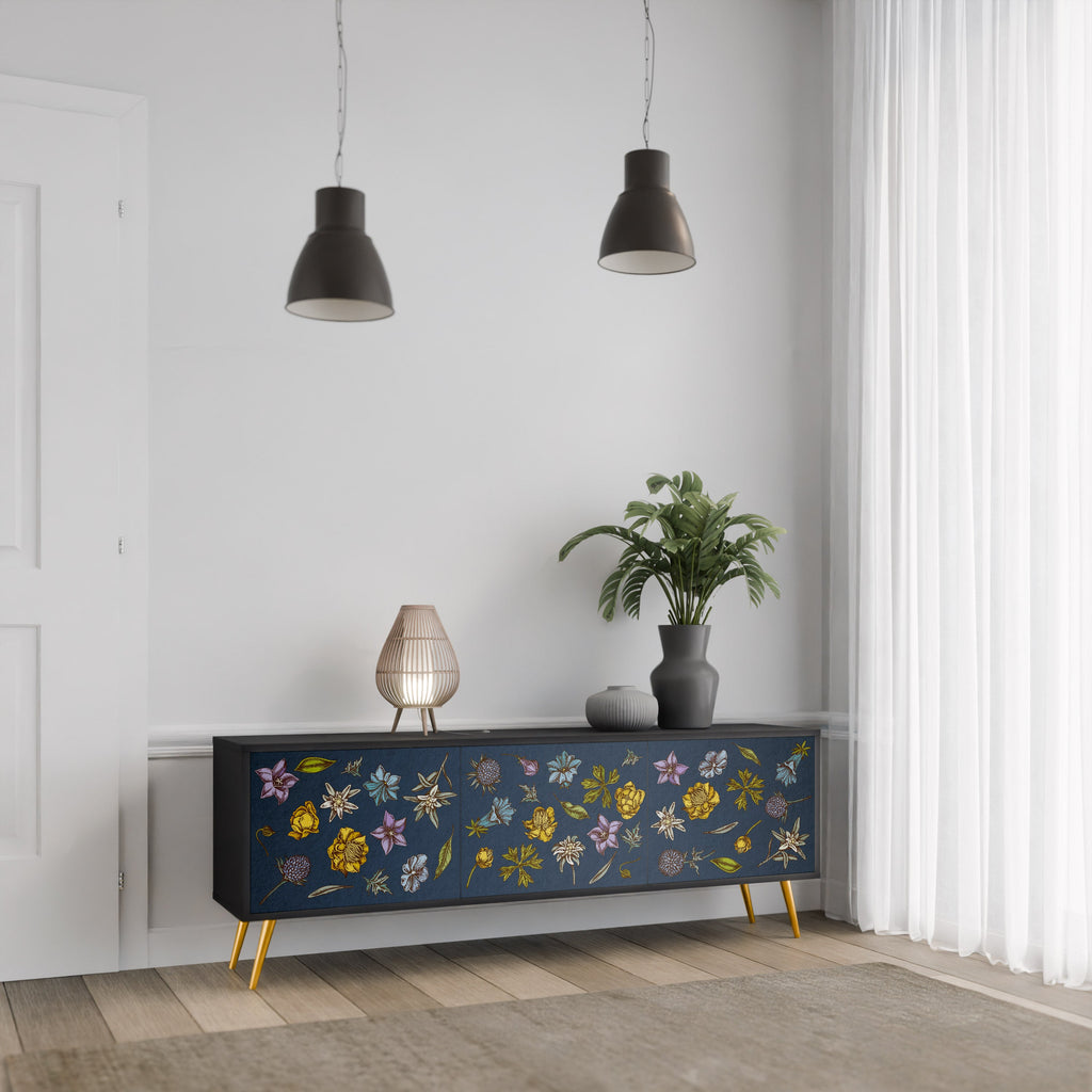 Meuble TV 3 portes FLOWERS ON NAVY BLUE, finition noire