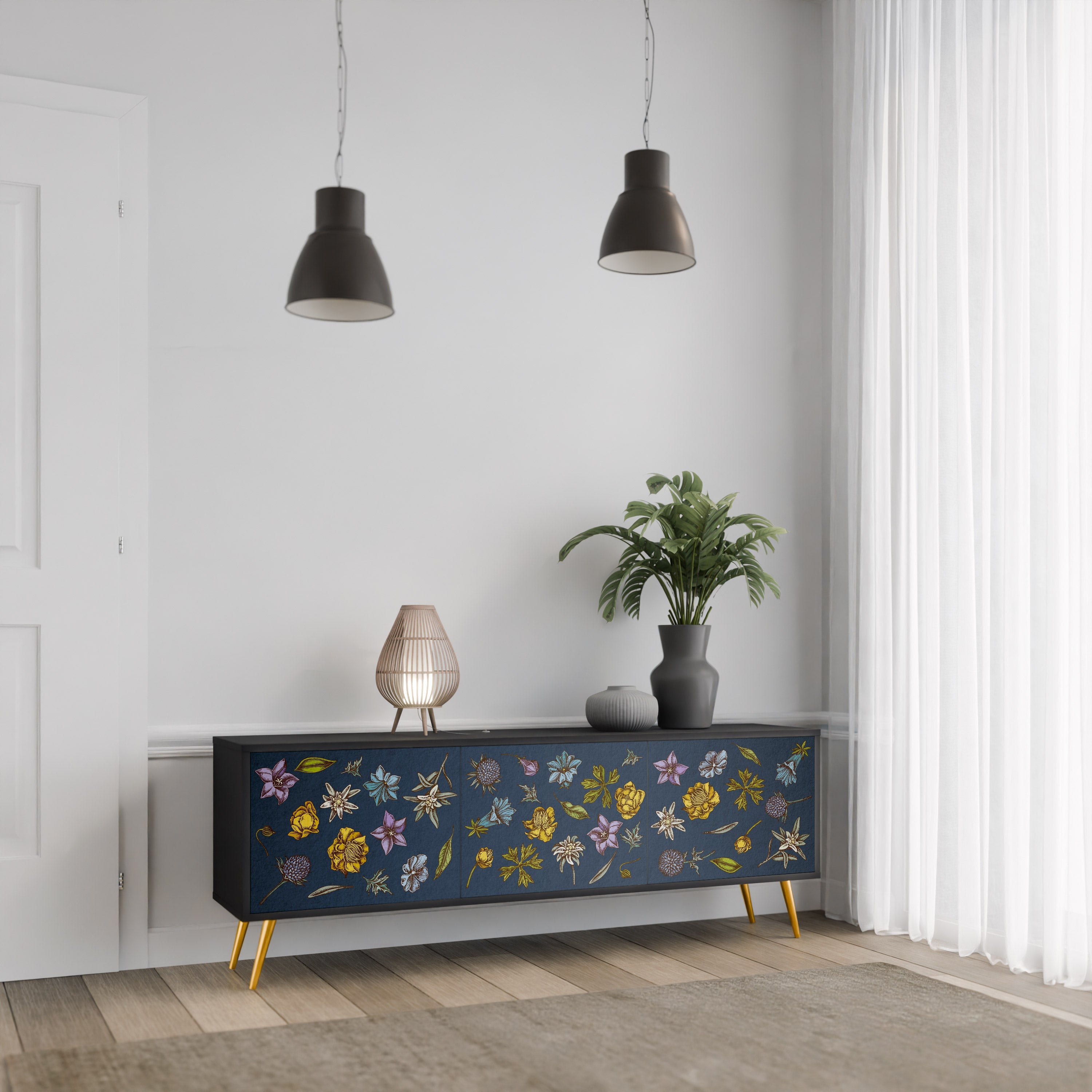 Meuble TV 3 portes FLOWERS ON NAVY BLUE, finition noire