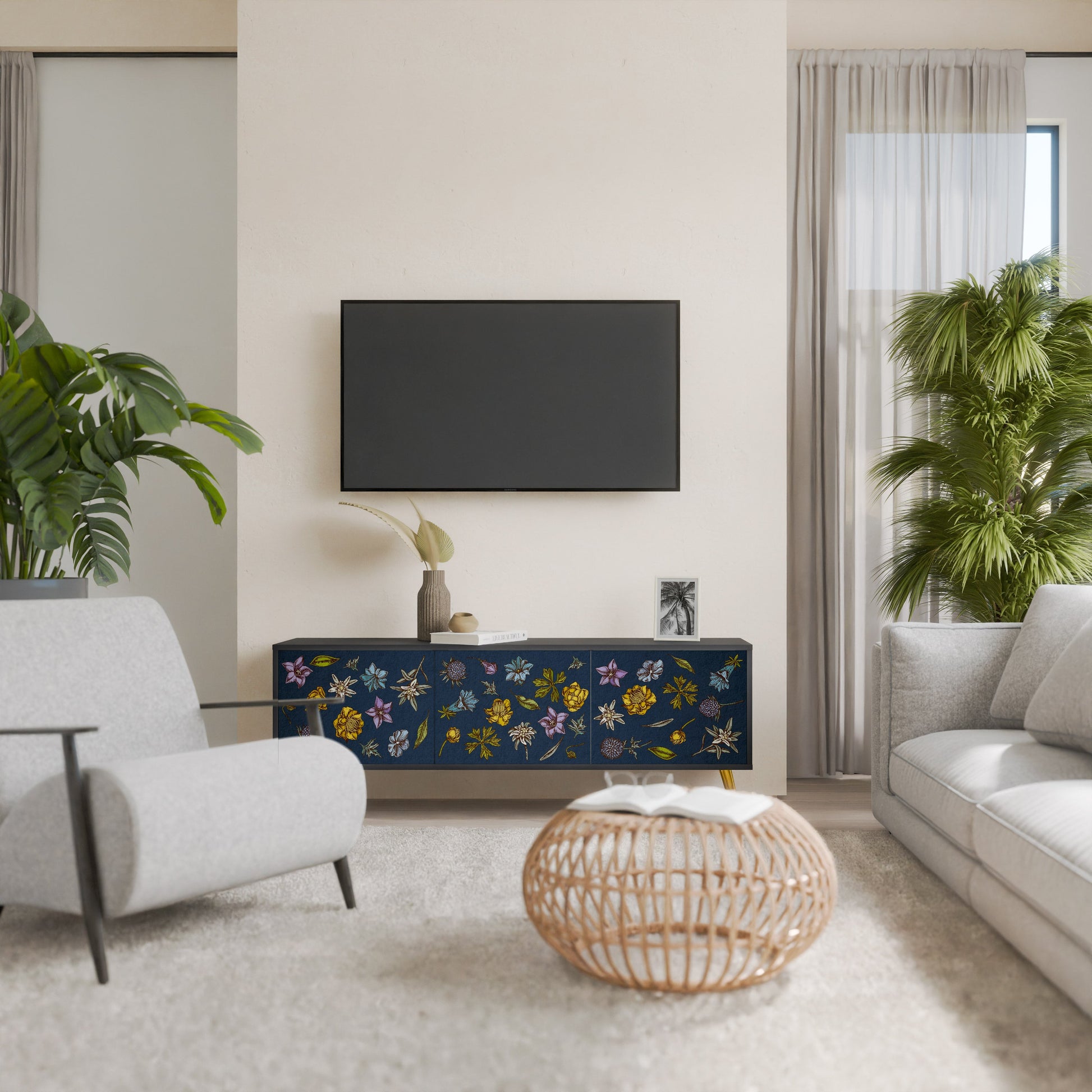 Meuble TV 3 portes FLOWERS ON NAVY BLUE, finition noire