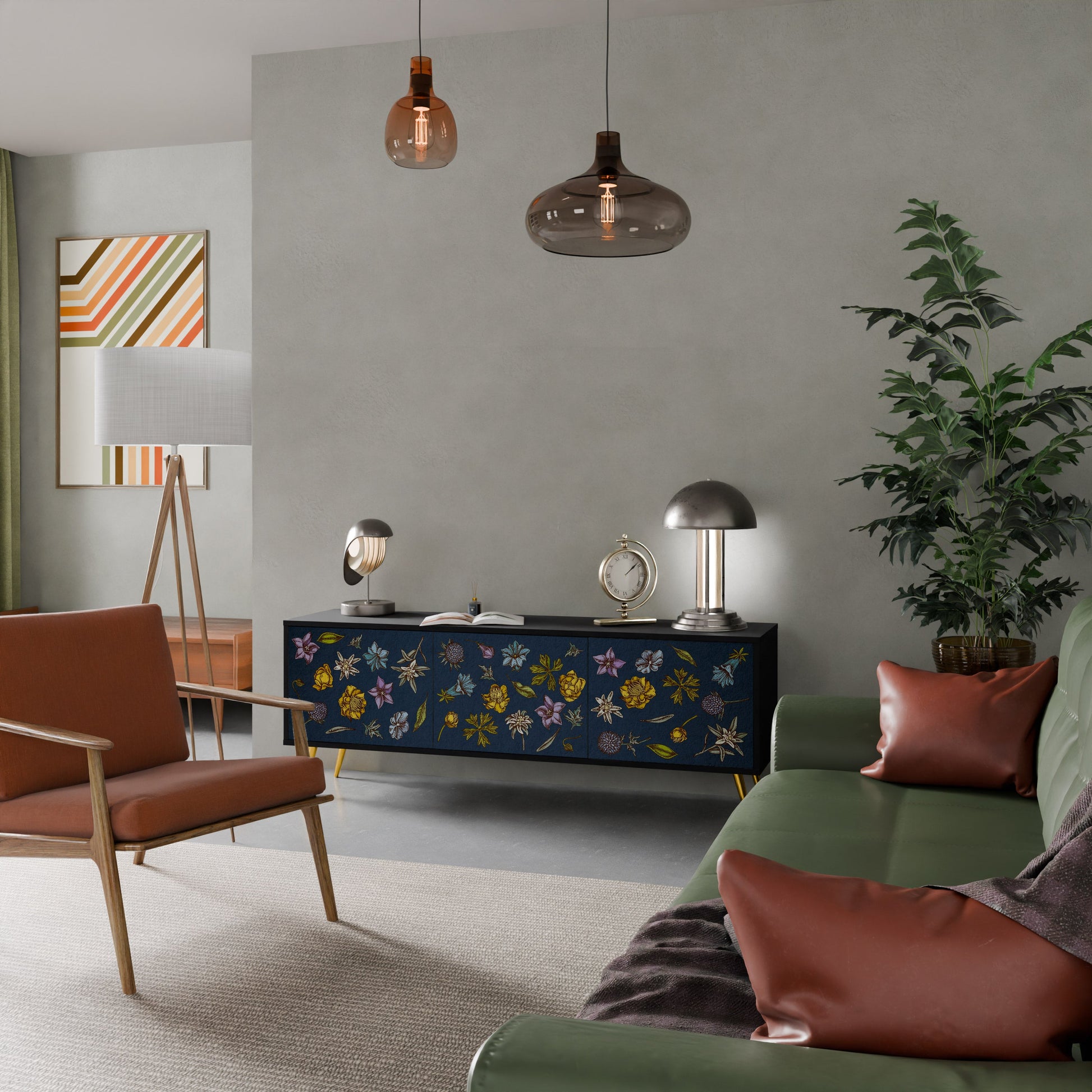 Meuble TV 3 portes FLOWERS ON NAVY BLUE, finition noire