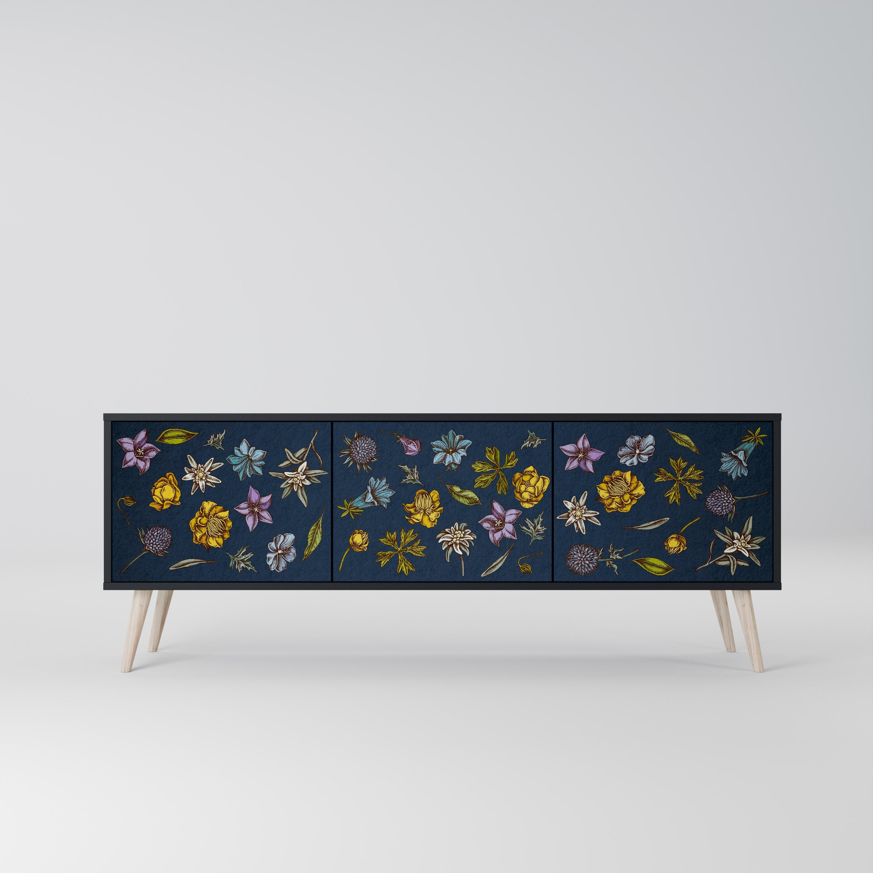Meuble TV 3 portes FLOWERS ON NAVY BLUE, finition noire