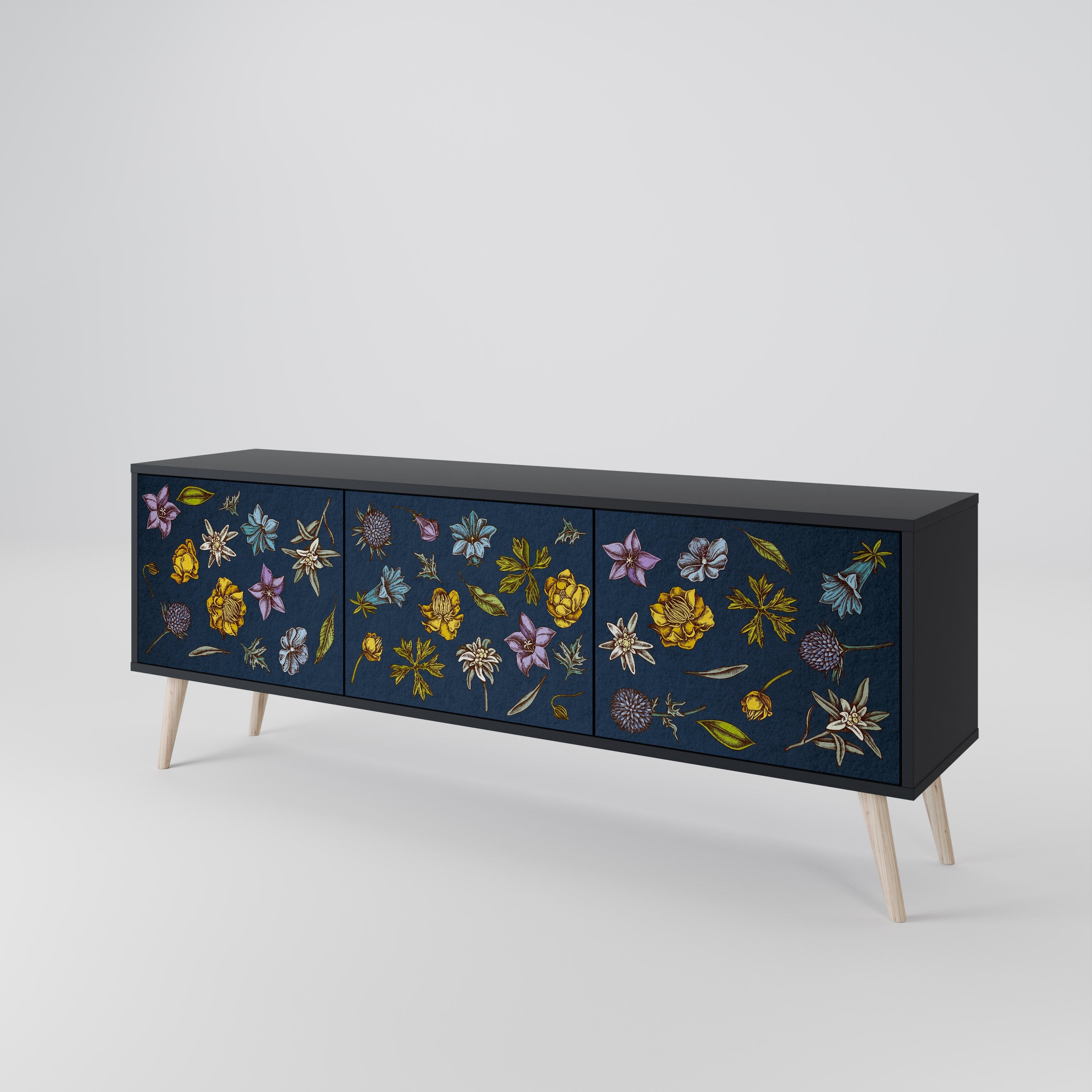 Meuble TV 3 portes FLOWERS ON NAVY BLUE, finition noire