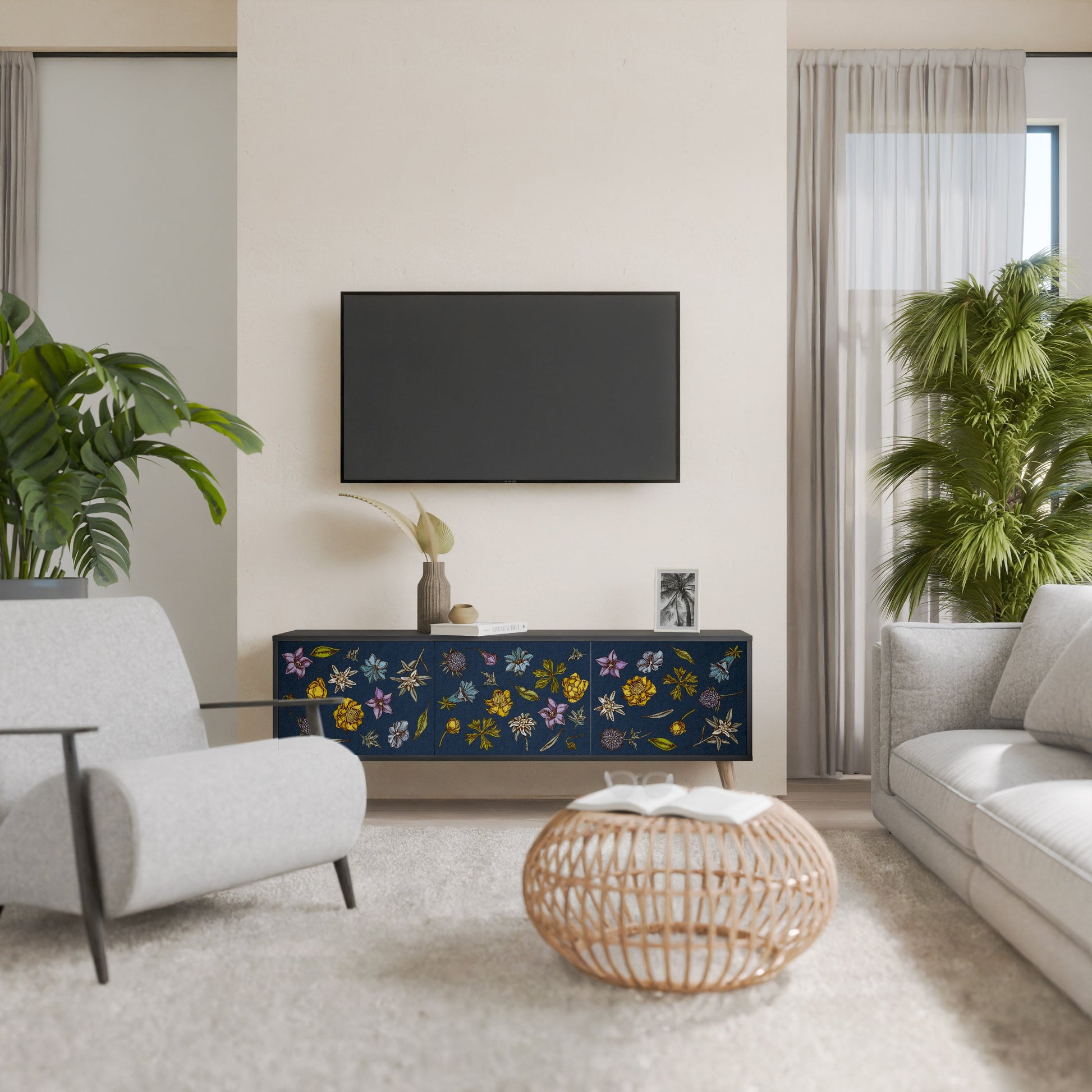 Meuble TV 3 portes FLOWERS ON NAVY BLUE, finition noire