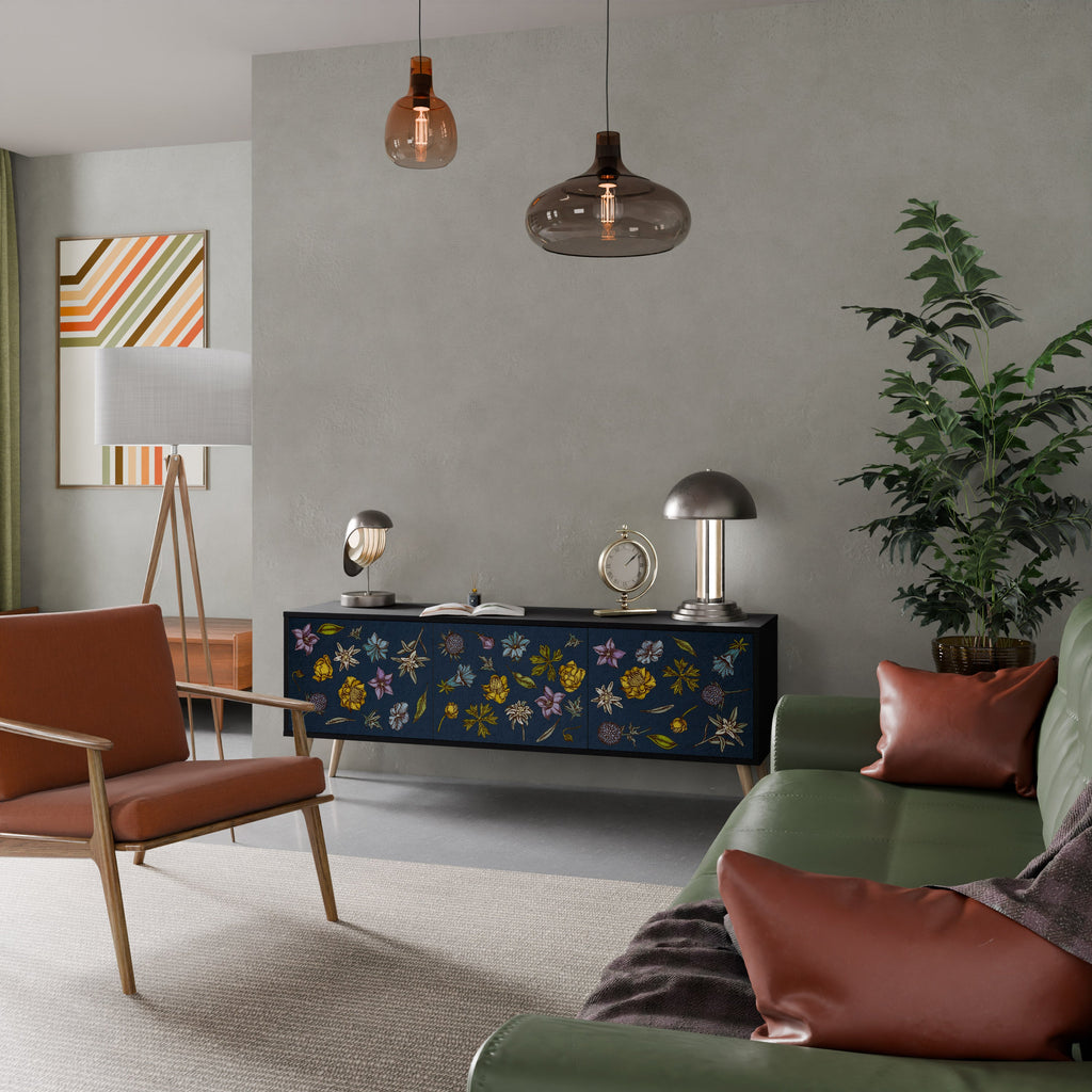 Meuble TV 3 portes FLOWERS ON NAVY BLUE, finition noire