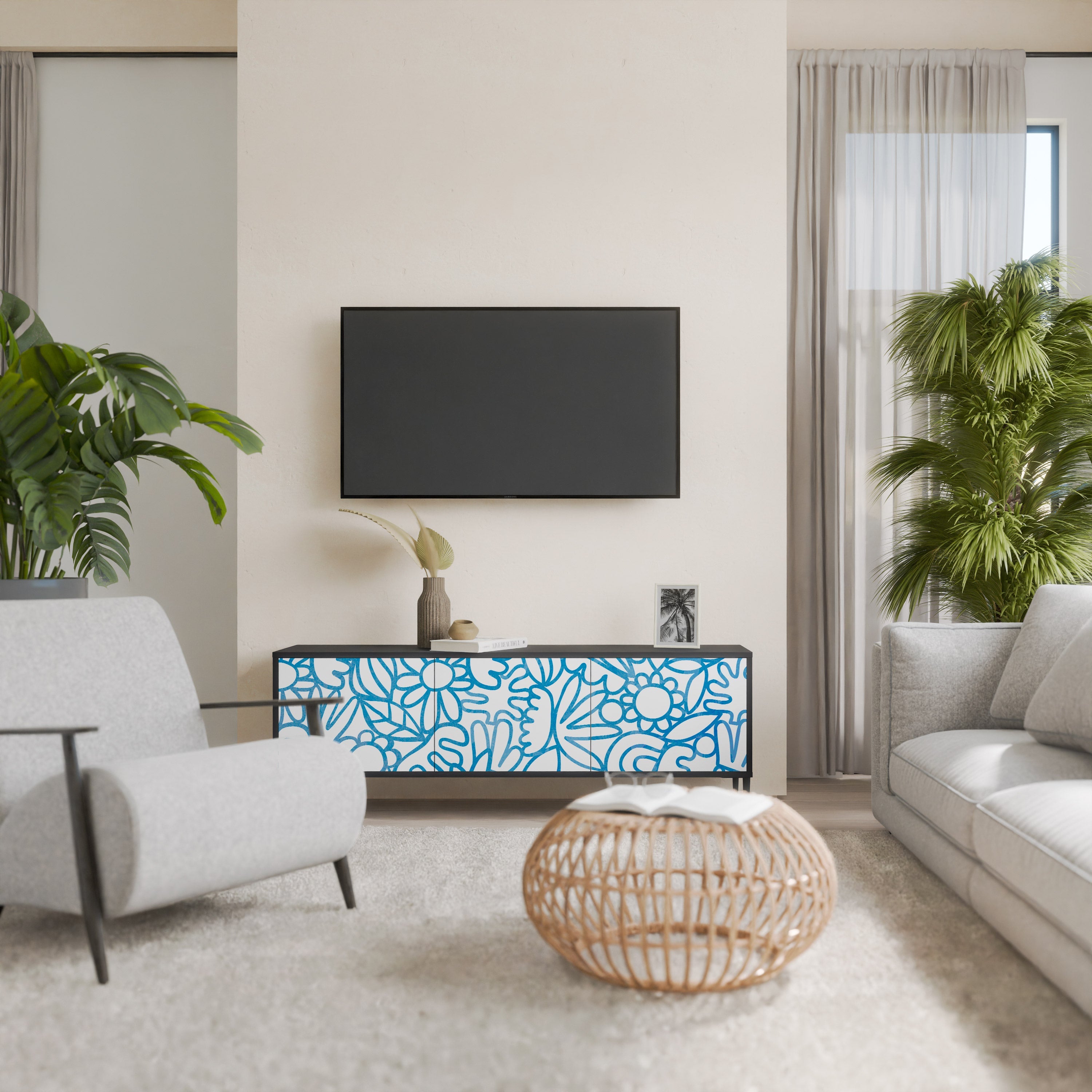 Meuble TV 3 portes BLOOMY MORNING finition noire