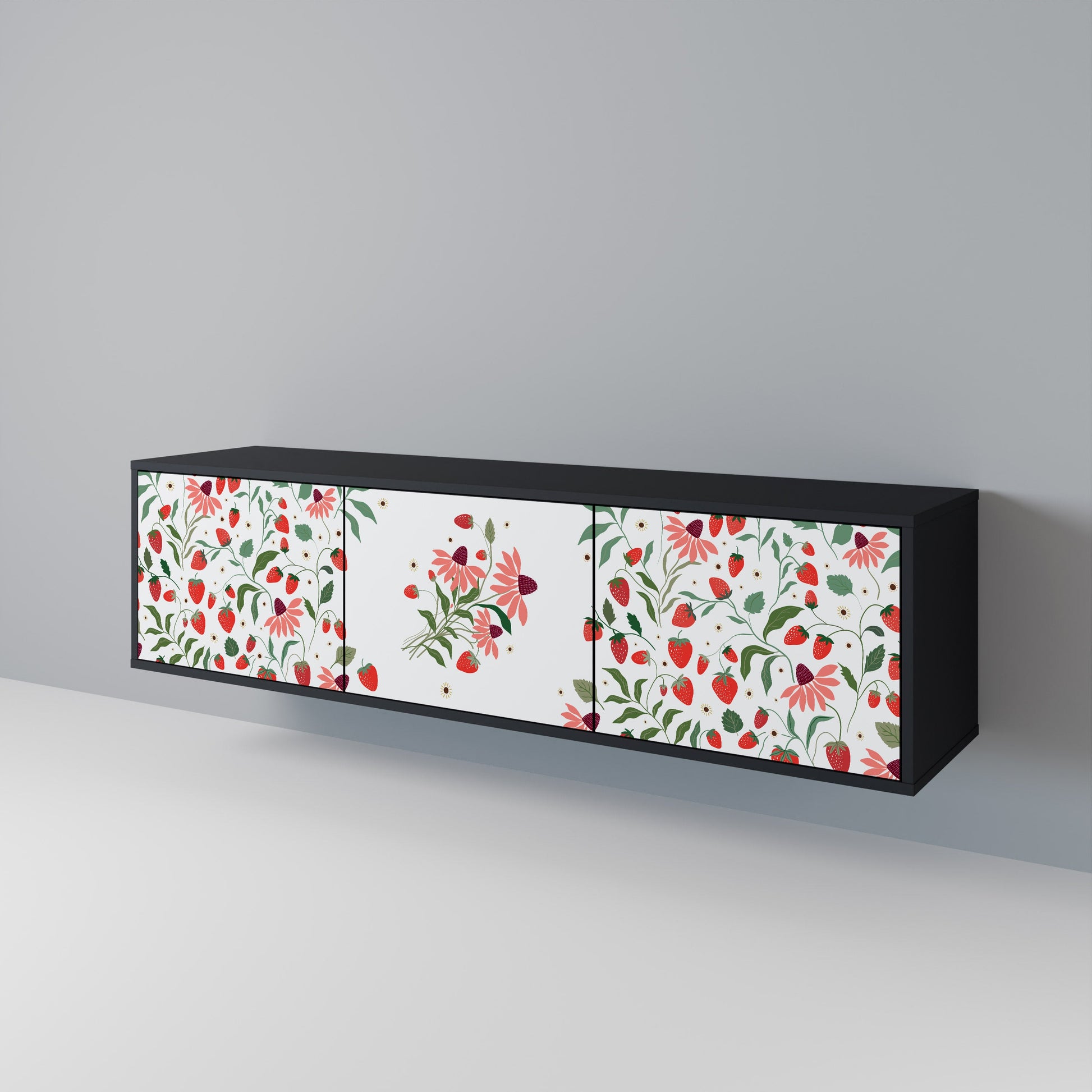 Meuble TV 3 portes FLOWERS AND STRAWBERRIES, finition noire