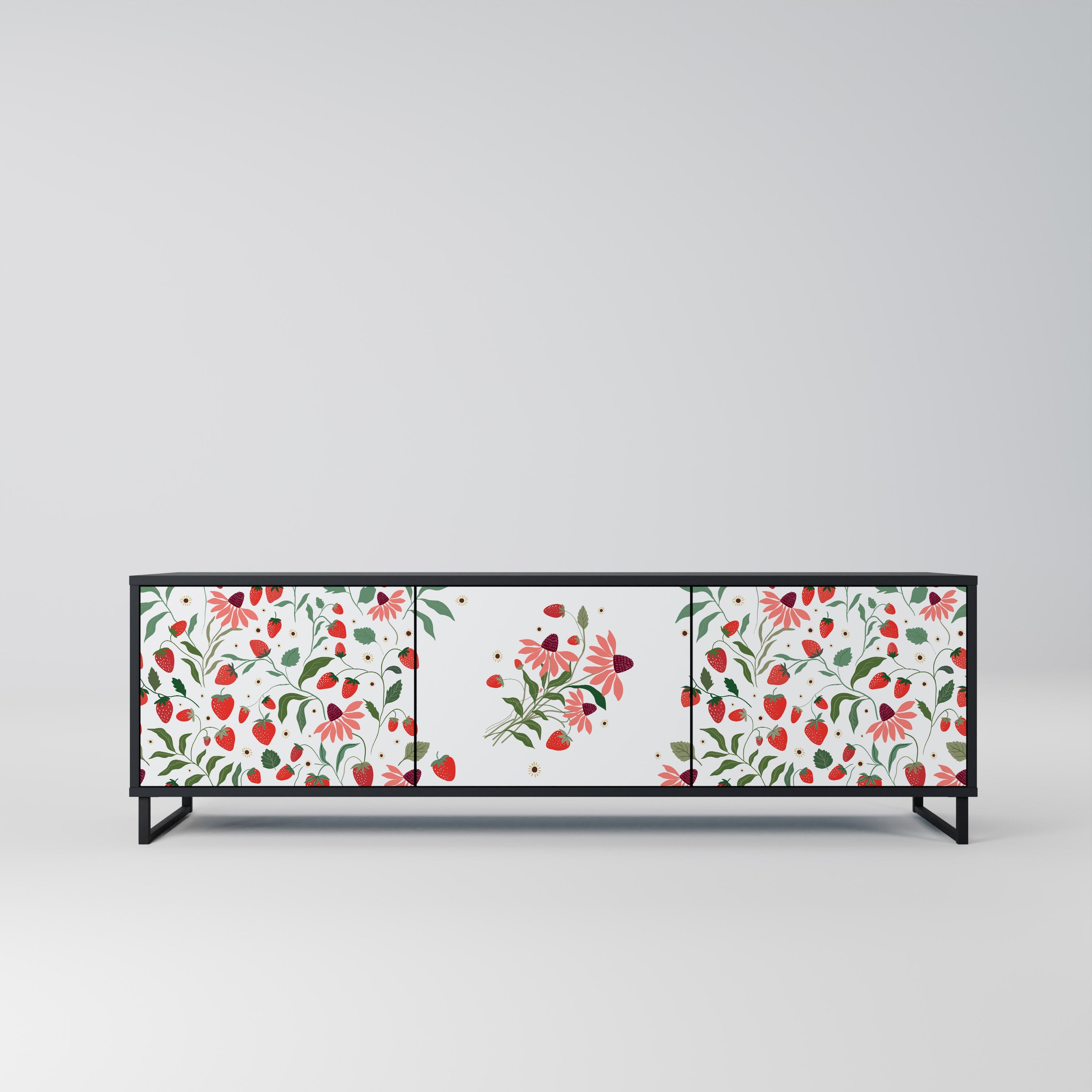 Meuble TV 3 portes FLOWERS AND STRAWBERRIES, finition noire