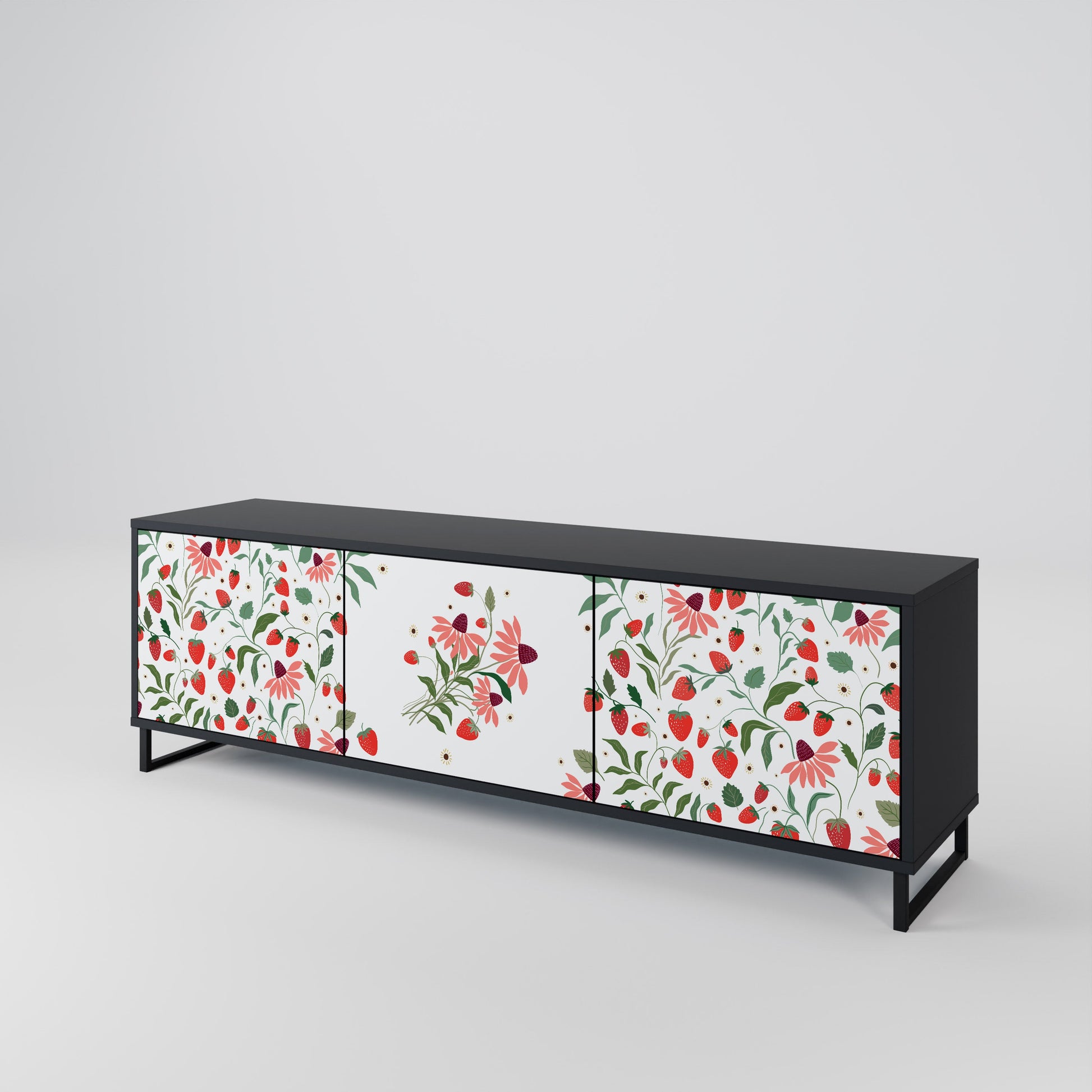 Meuble TV 3 portes FLOWERS AND STRAWBERRIES, finition noire