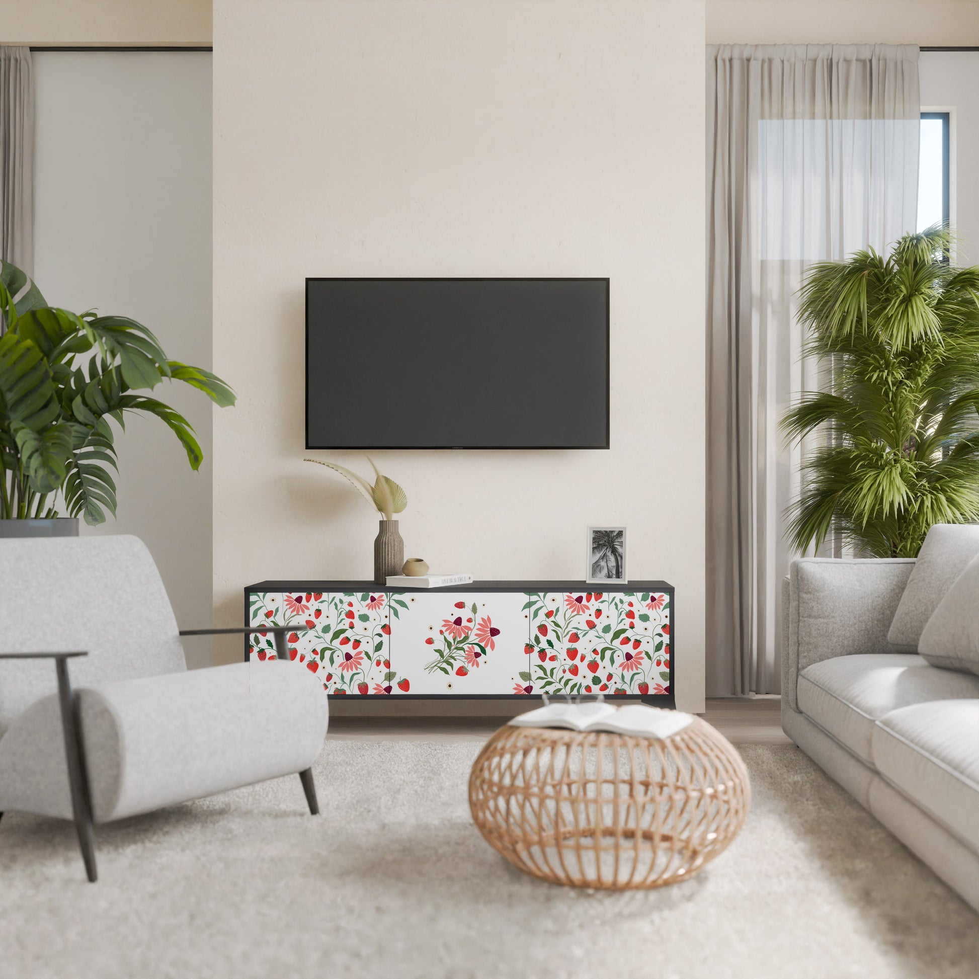 Meuble TV 3 portes FLOWERS AND STRAWBERRIES, finition noire