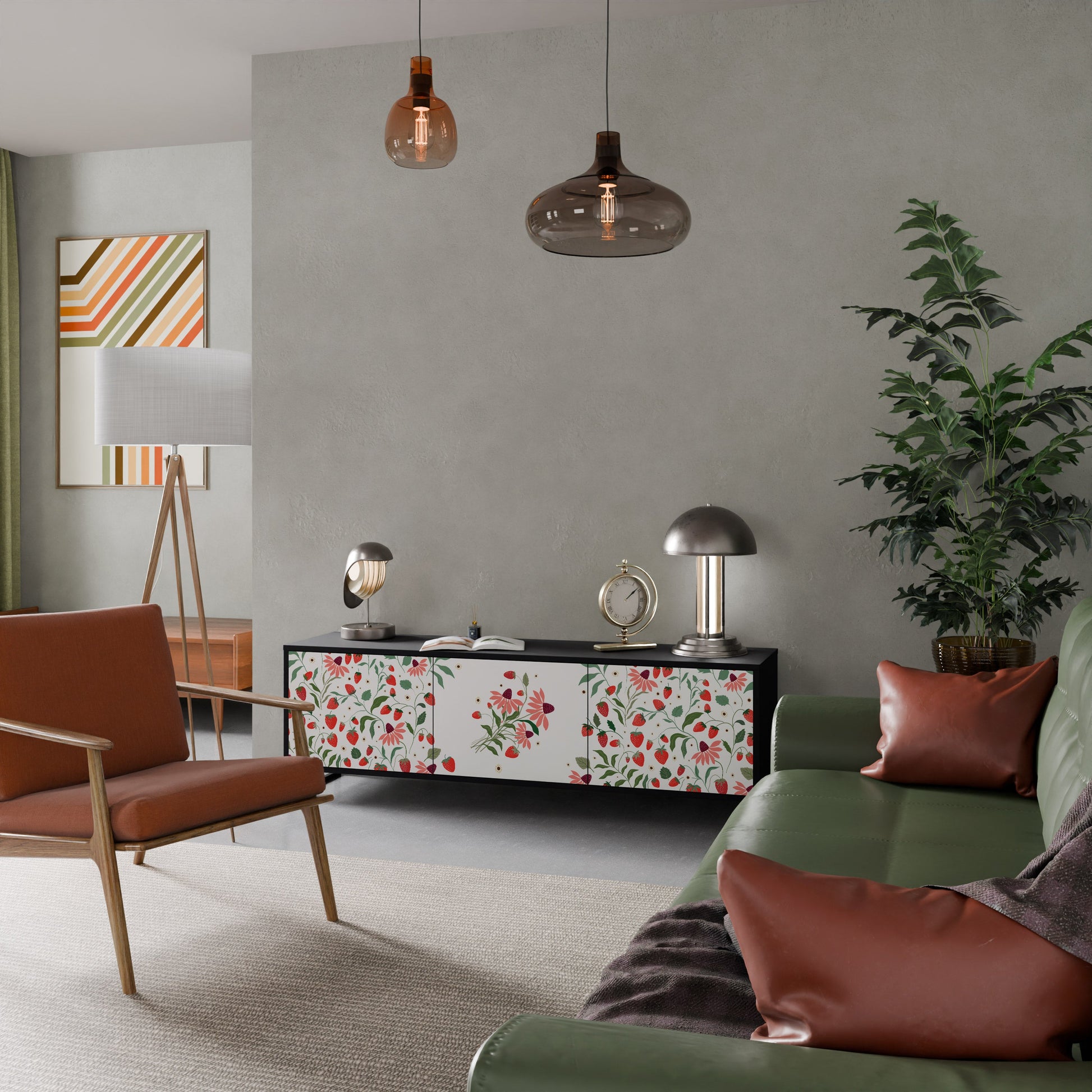 Meuble TV 3 portes FLOWERS AND STRAWBERRIES, finition noire