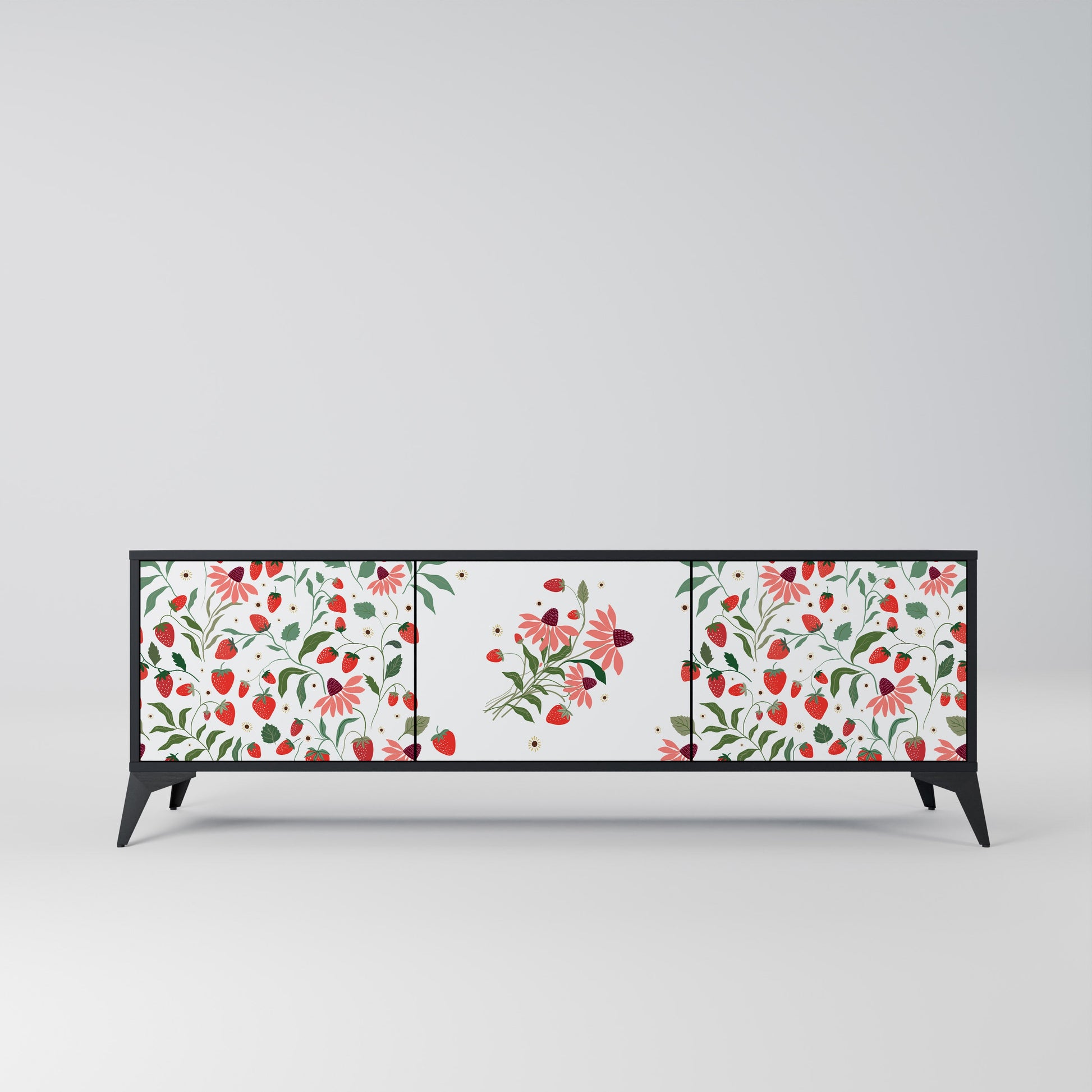 Meuble TV 3 portes FLOWERS AND STRAWBERRIES, finition noire