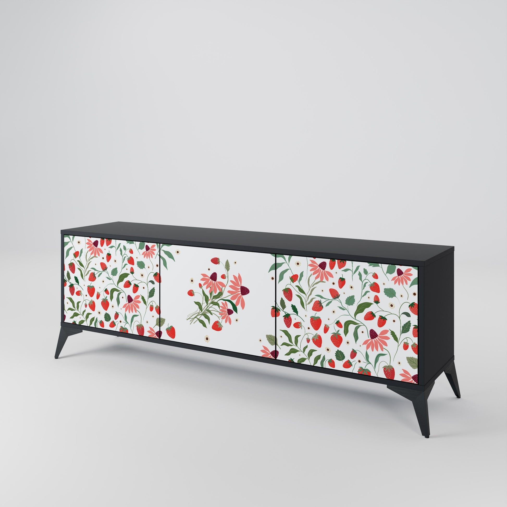 Meuble TV 3 portes FLOWERS AND STRAWBERRIES, finition noire
