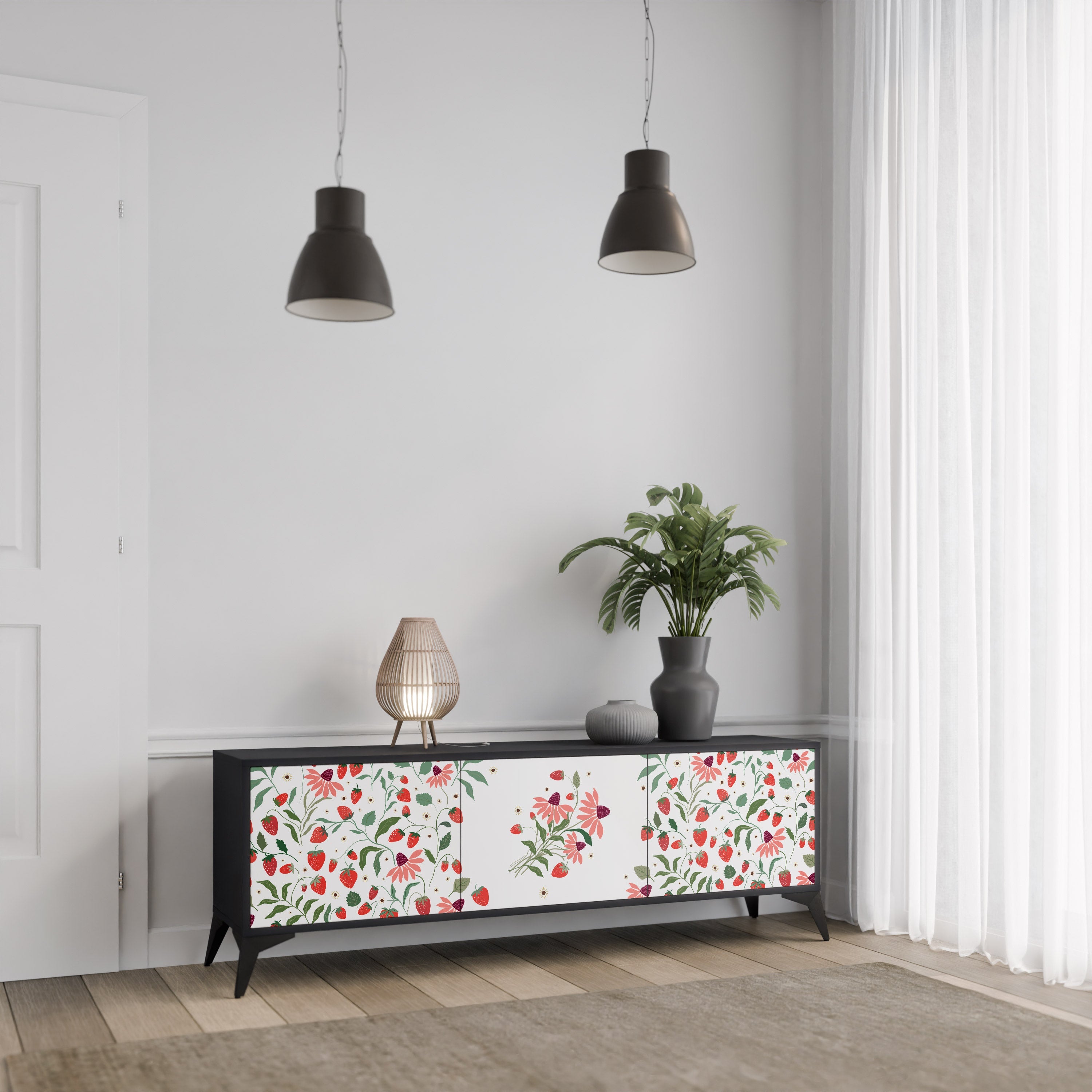 Meuble TV 3 portes FLOWERS AND STRAWBERRIES, finition noire