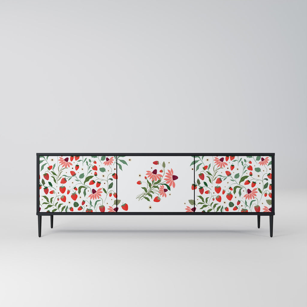 Meuble TV 3 portes FLOWERS AND STRAWBERRIES, finition noire