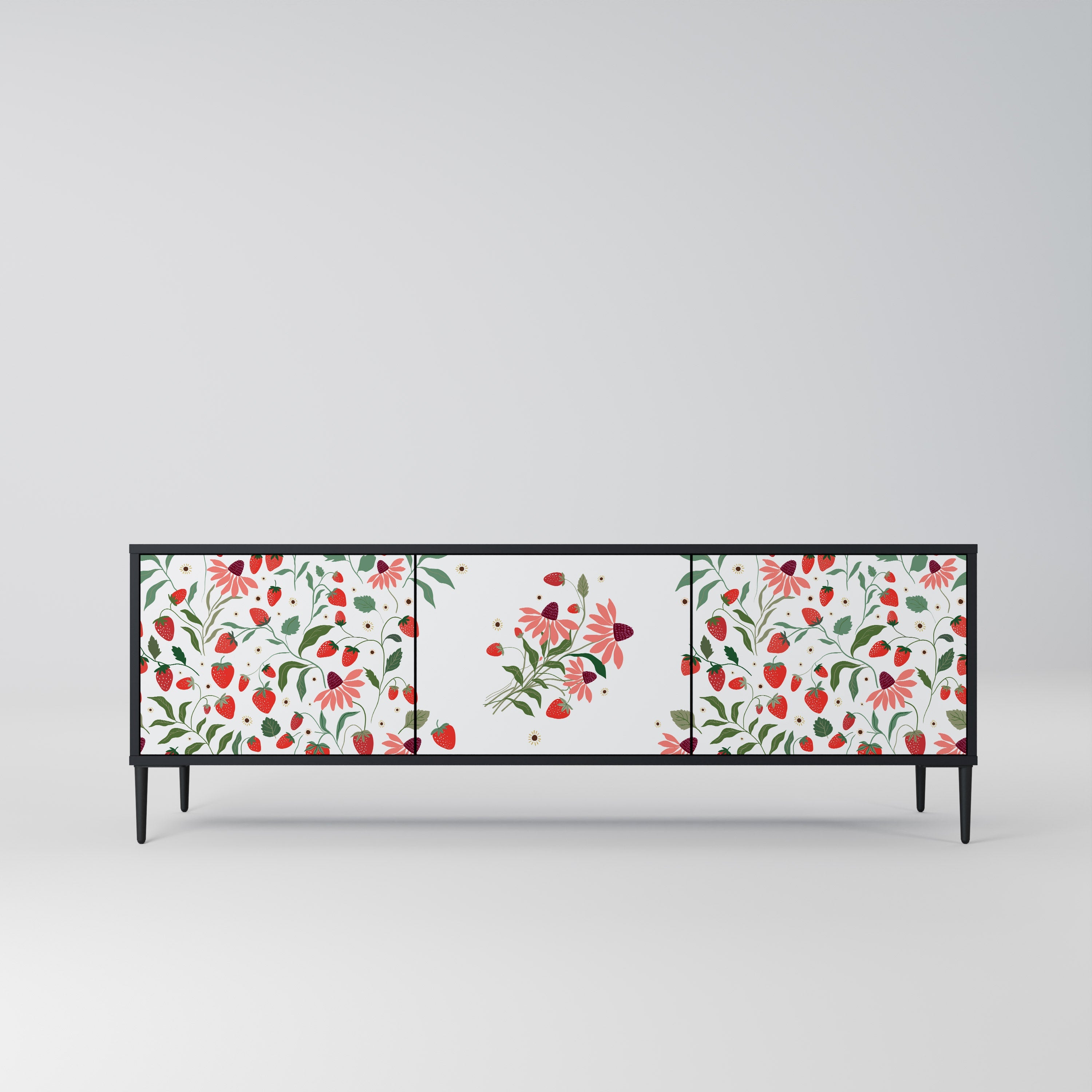 Meuble TV 3 portes FLOWERS AND STRAWBERRIES, finition noire