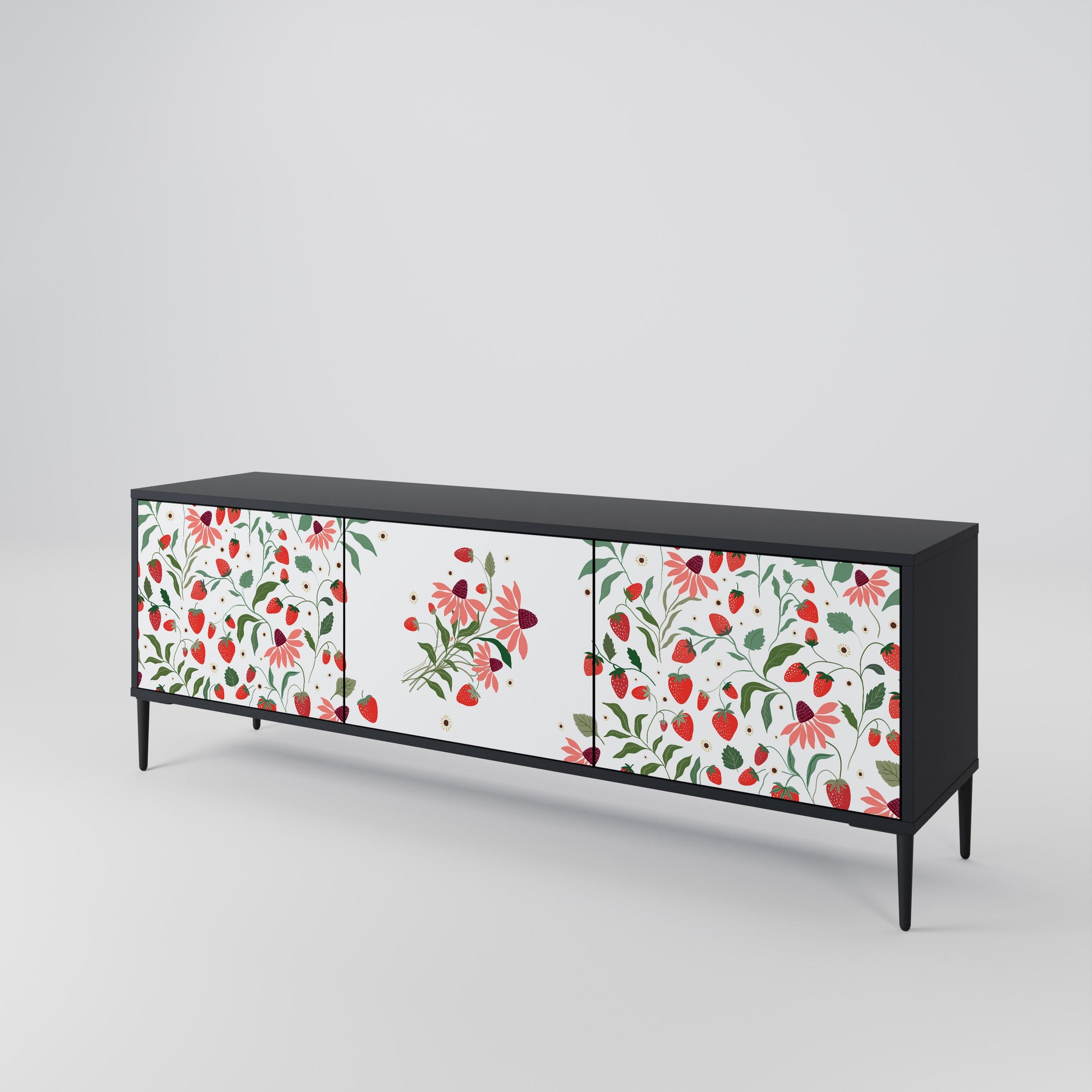 Meuble TV 3 portes FLOWERS AND STRAWBERRIES, finition noire