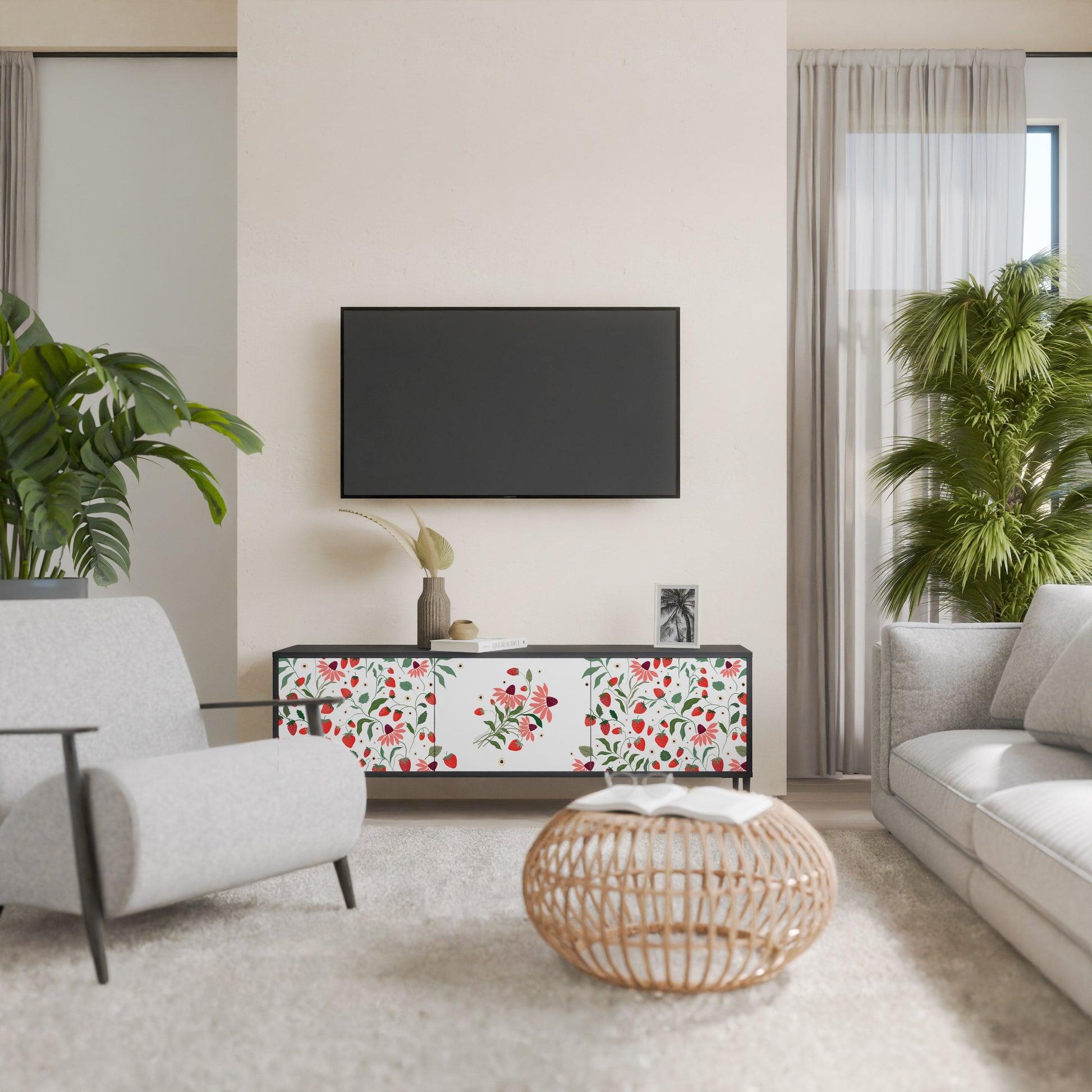 Meuble TV 3 portes FLOWERS AND STRAWBERRIES, finition noire