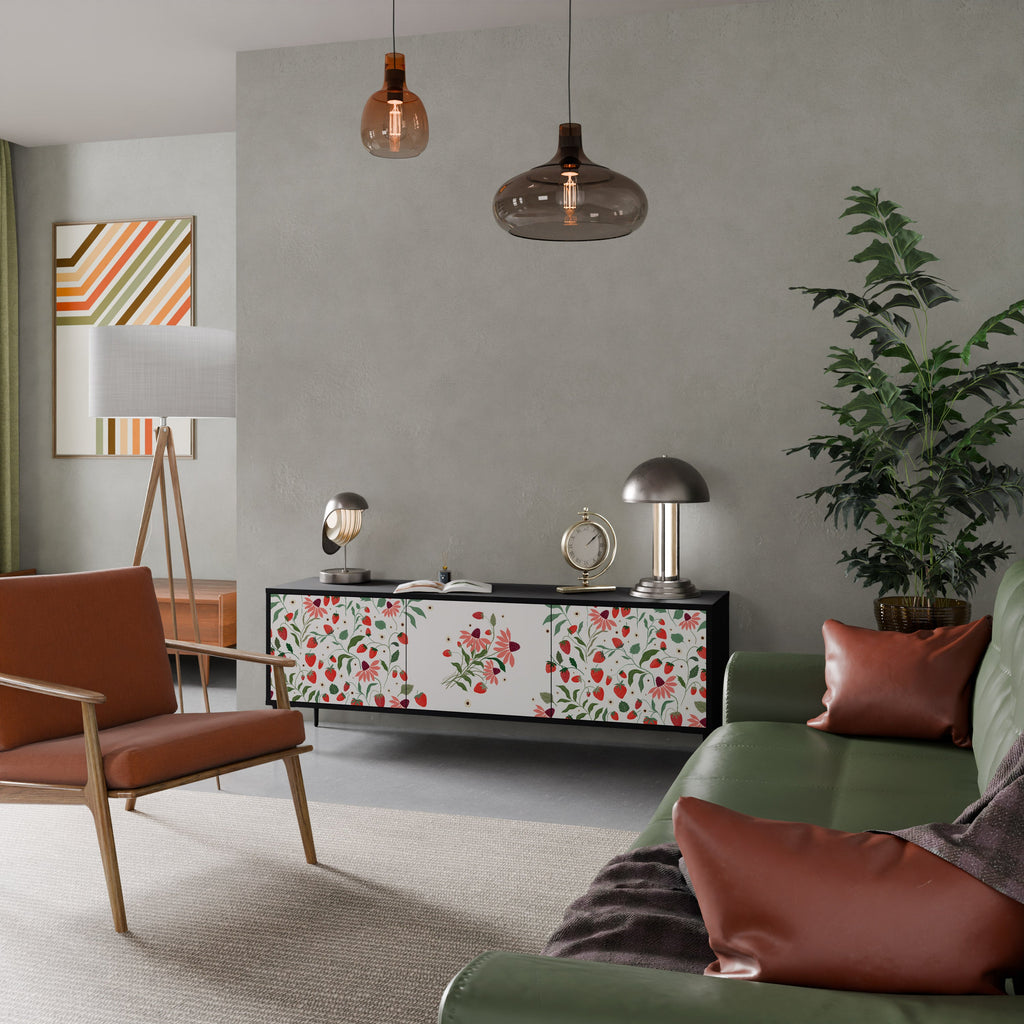 Meuble TV 3 portes FLOWERS AND STRAWBERRIES, finition noire