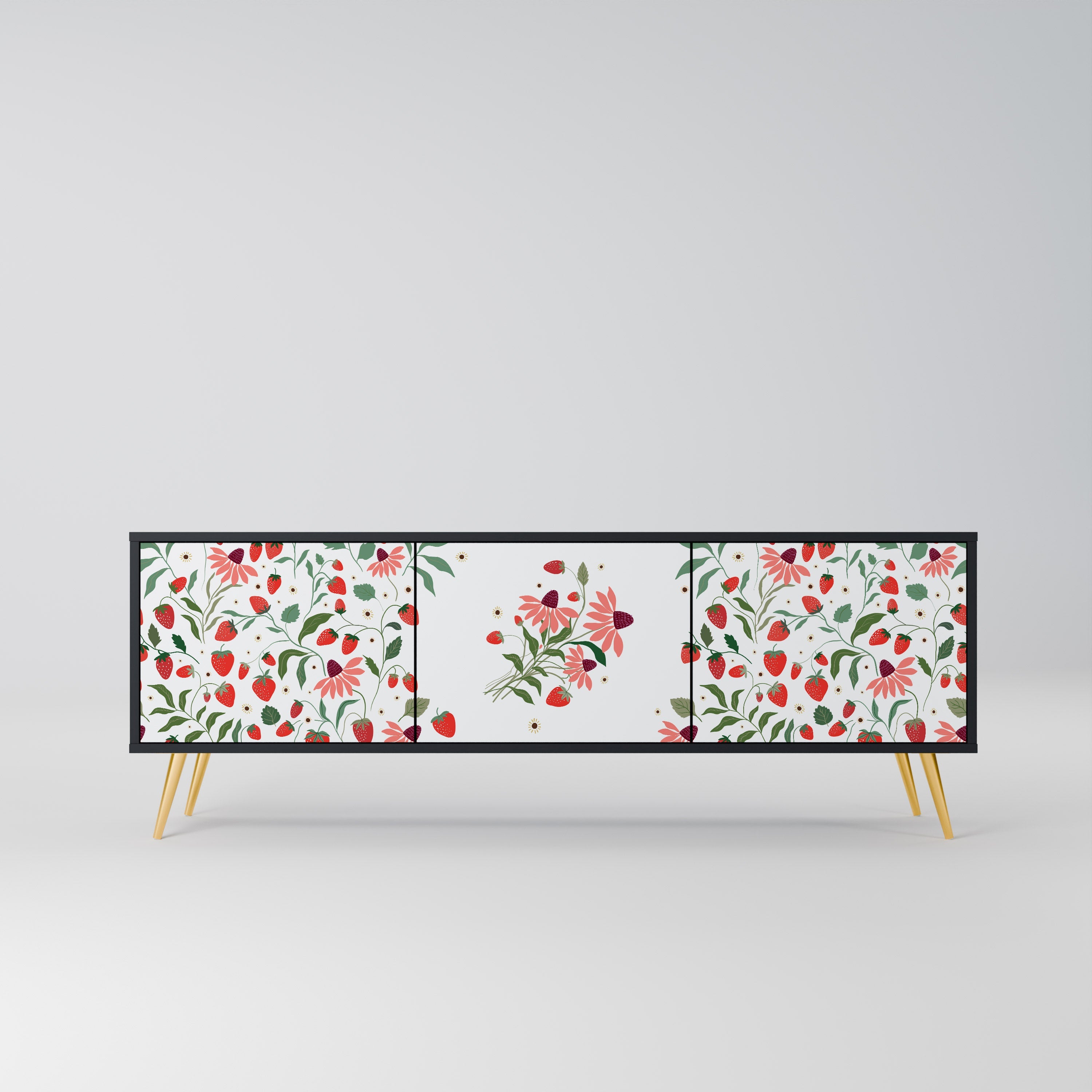 Meuble TV 3 portes FLOWERS AND STRAWBERRIES, finition noire