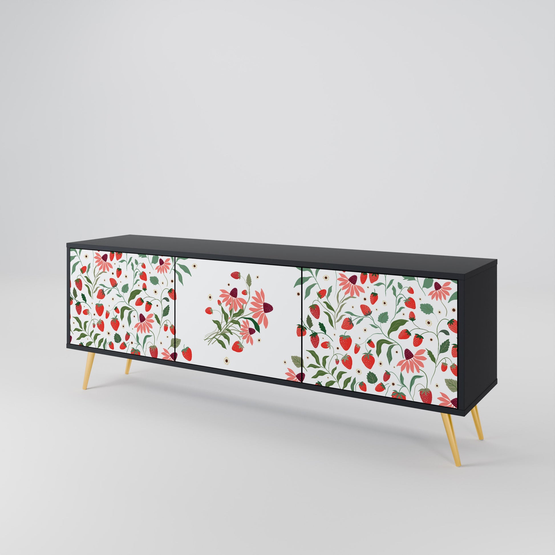 Meuble TV 3 portes FLOWERS AND STRAWBERRIES, finition noire