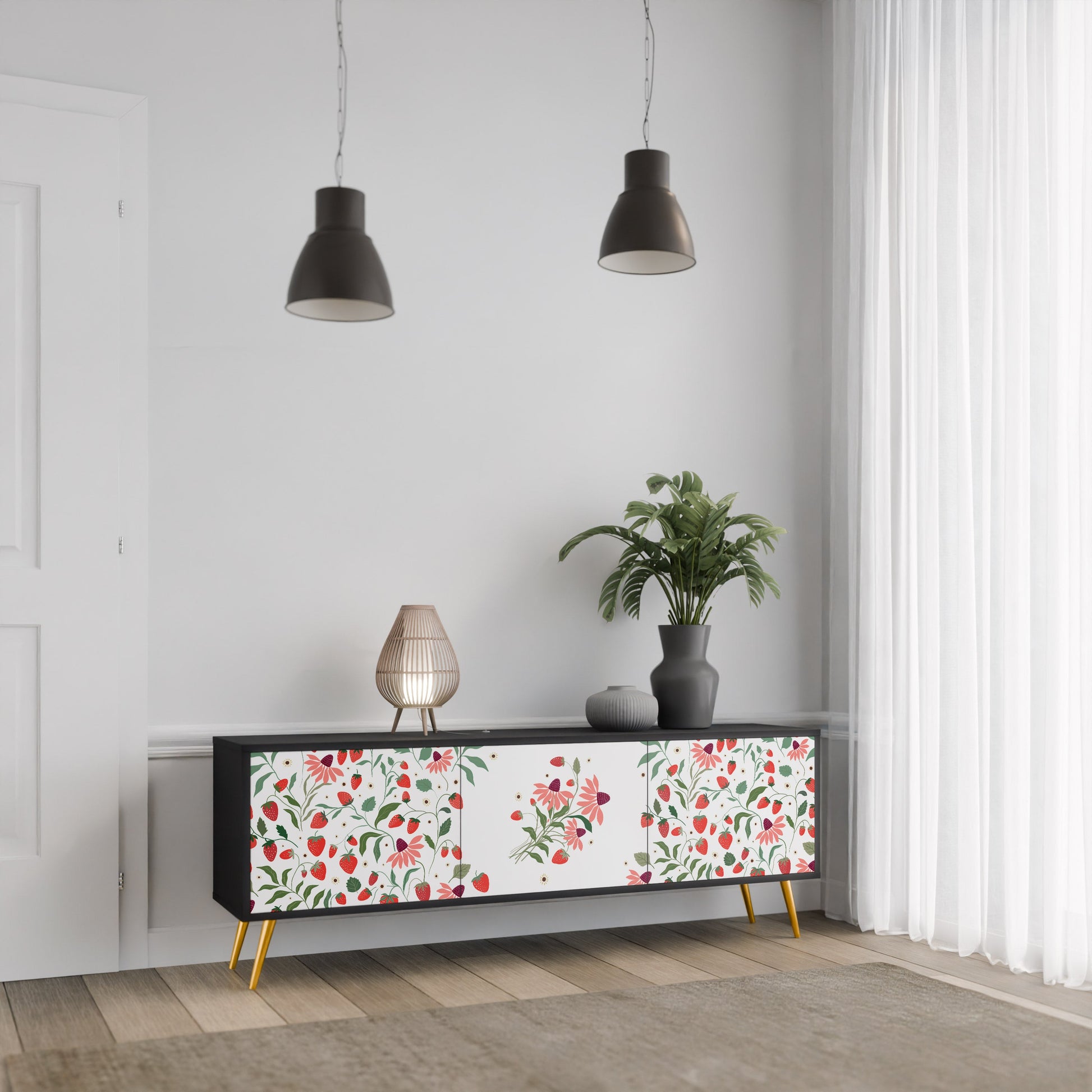 Meuble TV 3 portes FLOWERS AND STRAWBERRIES, finition noire