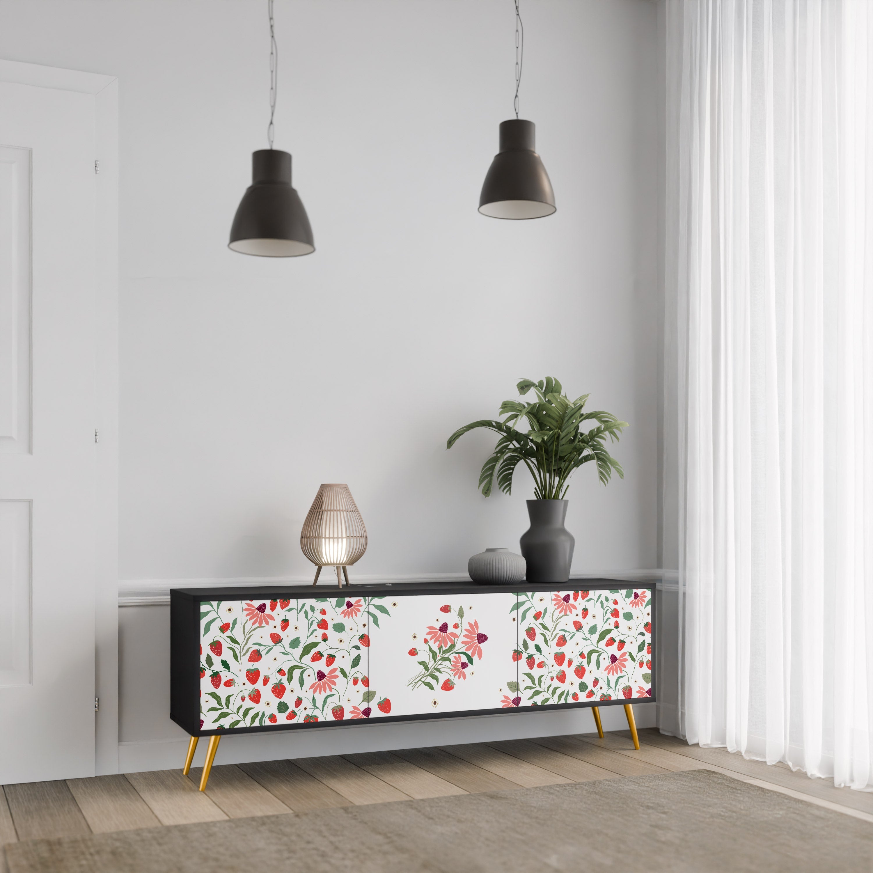 Meuble TV 3 portes FLOWERS AND STRAWBERRIES, finition noire