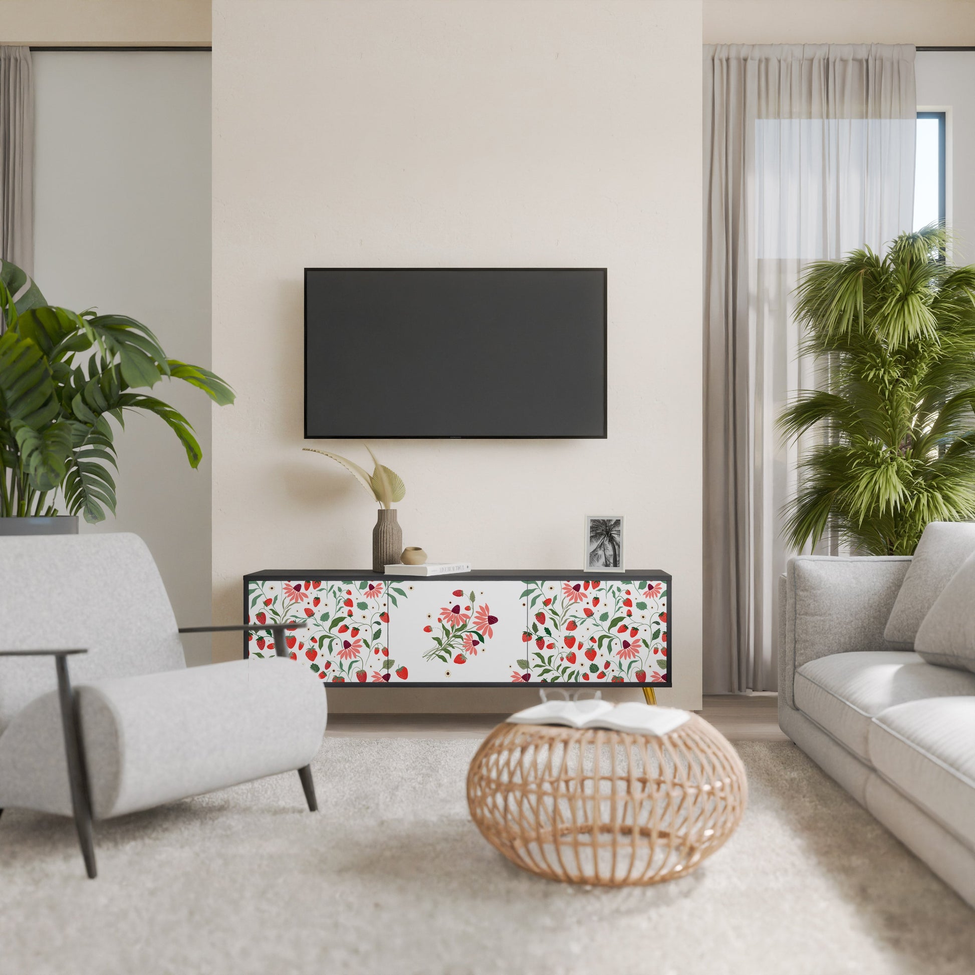 Meuble TV 3 portes FLOWERS AND STRAWBERRIES, finition noire
