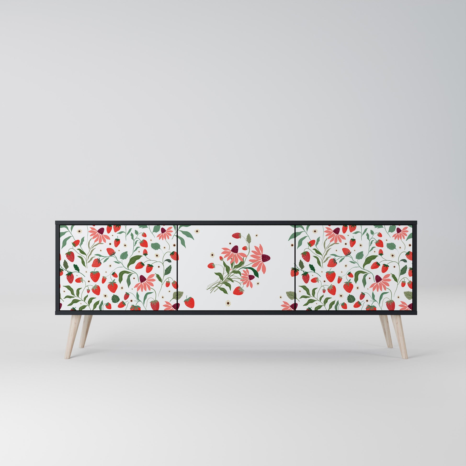 Meuble TV 3 portes FLOWERS AND STRAWBERRIES, finition noire