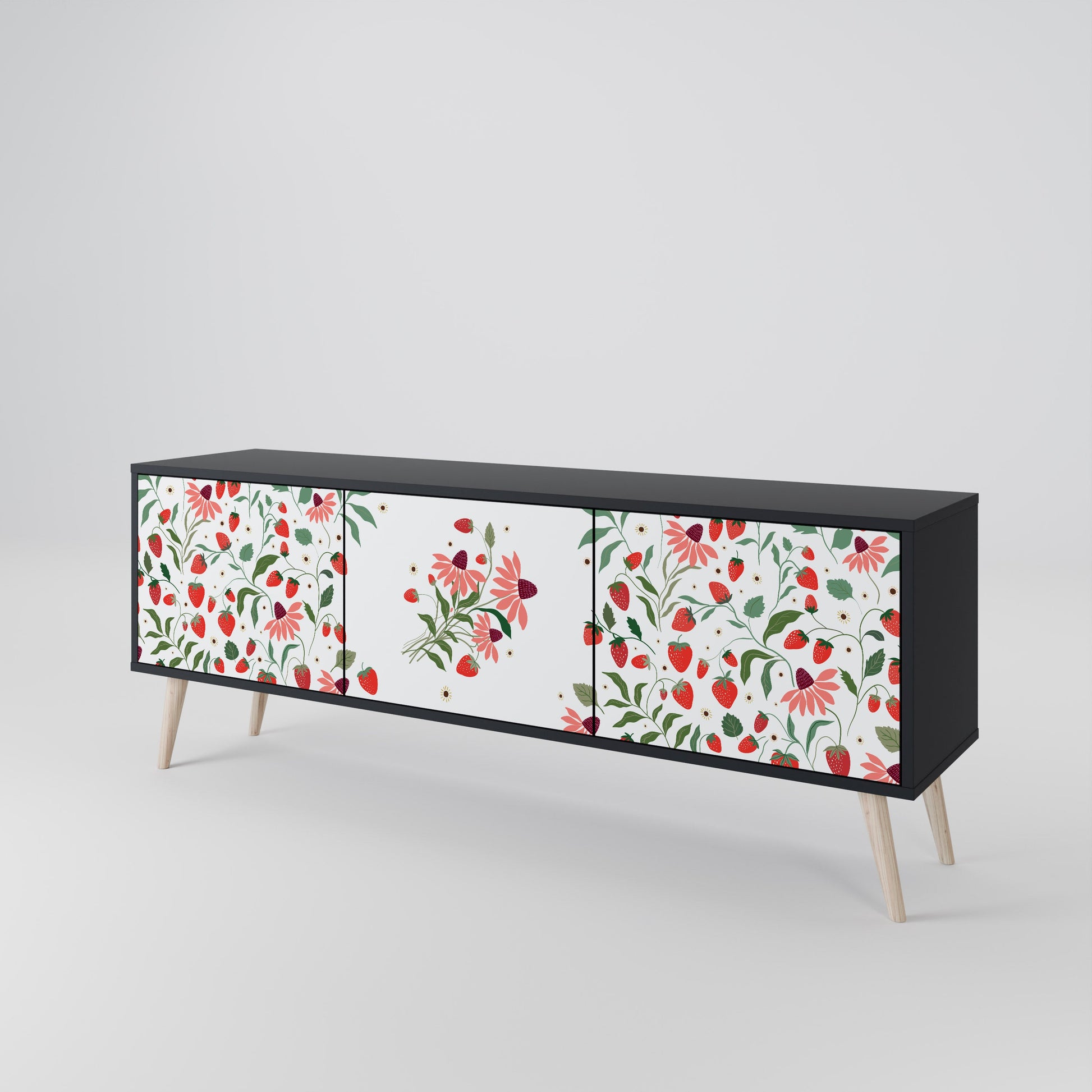Meuble TV 3 portes FLOWERS AND STRAWBERRIES, finition noire