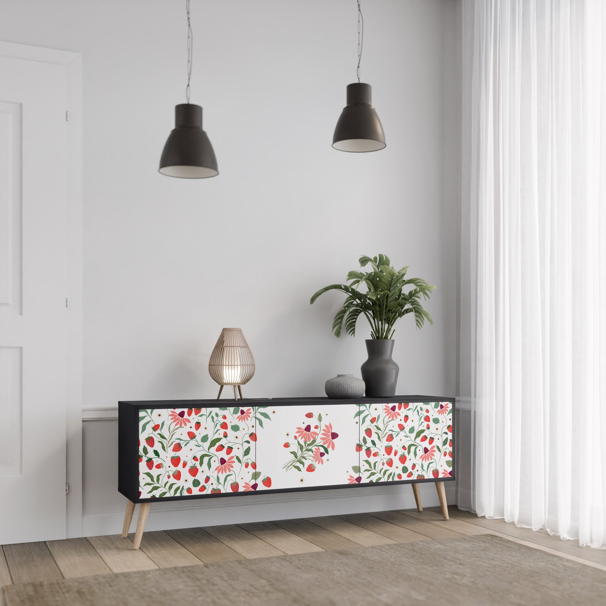 Meuble TV 3 portes FLOWERS AND STRAWBERRIES, finition noire