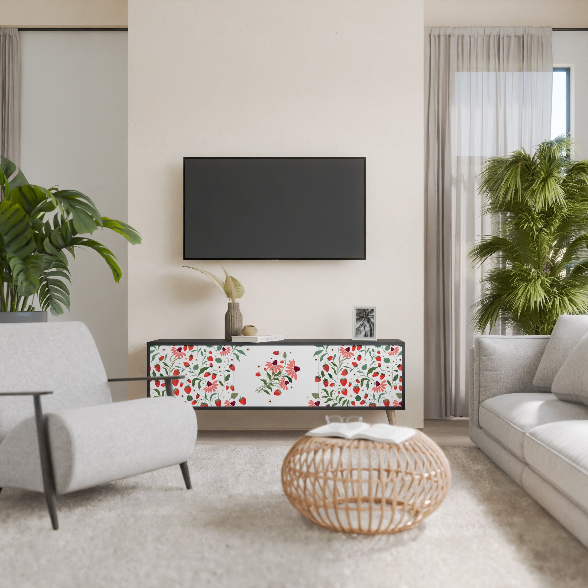 Meuble TV 3 portes FLOWERS AND STRAWBERRIES, finition noire