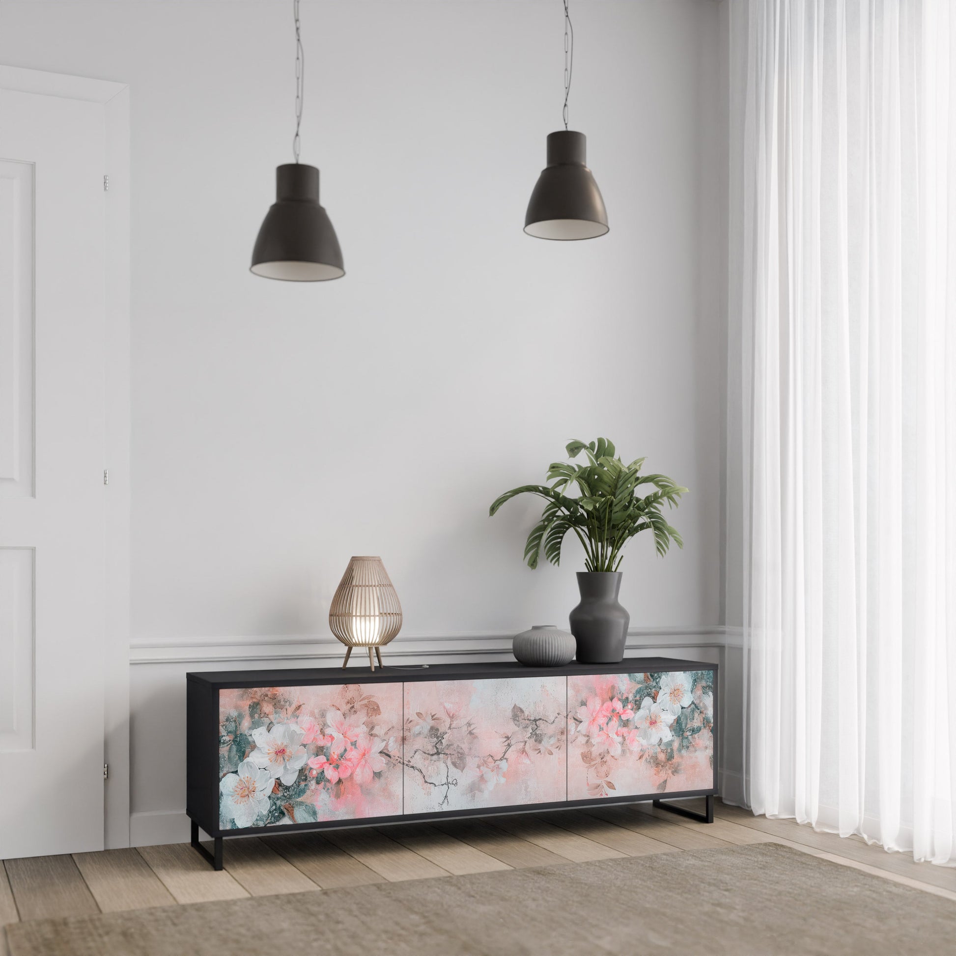 Meuble TV 3 portes CHERRY BLOSSOM finition noire