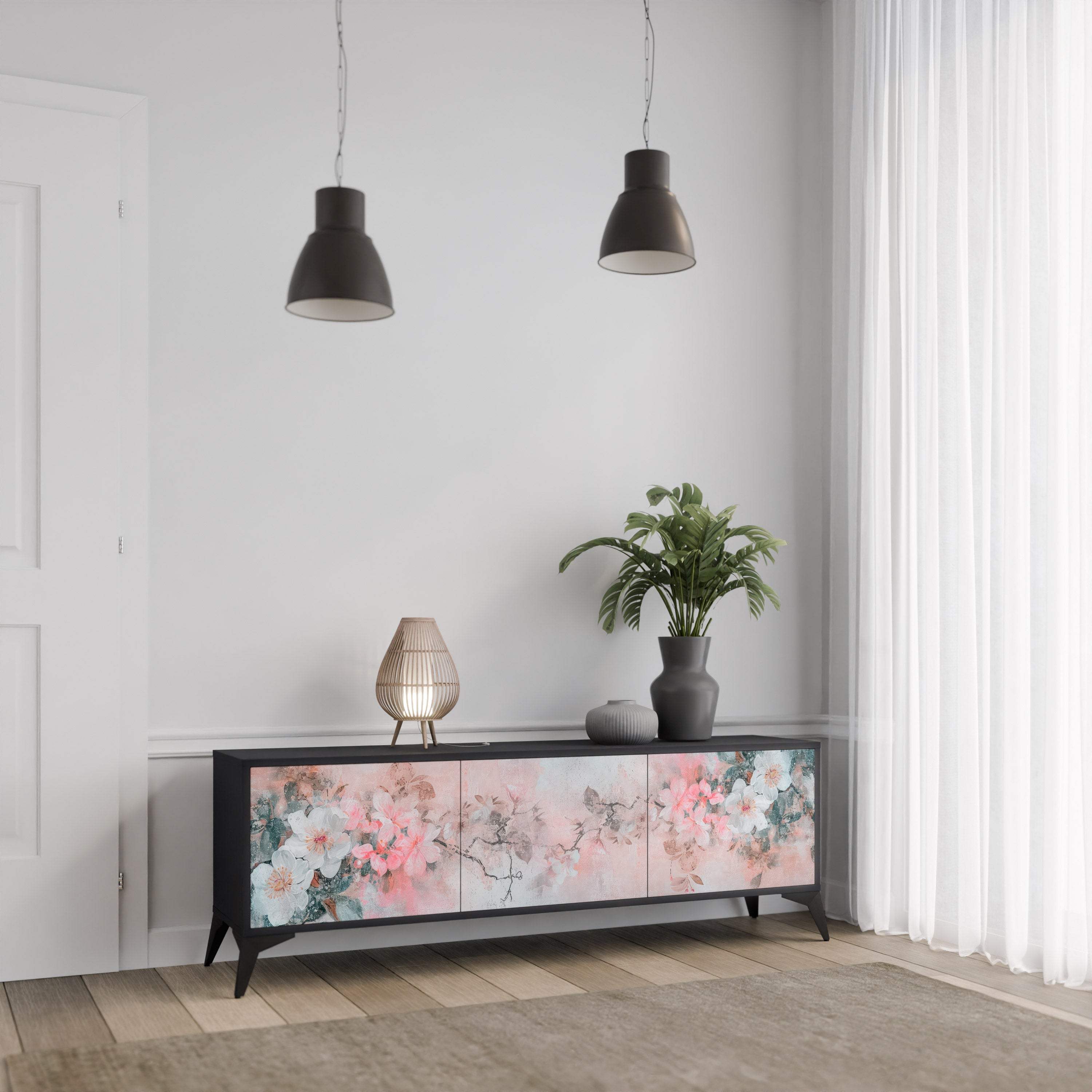 Meuble TV 3 portes CHERRY BLOSSOM finition noire