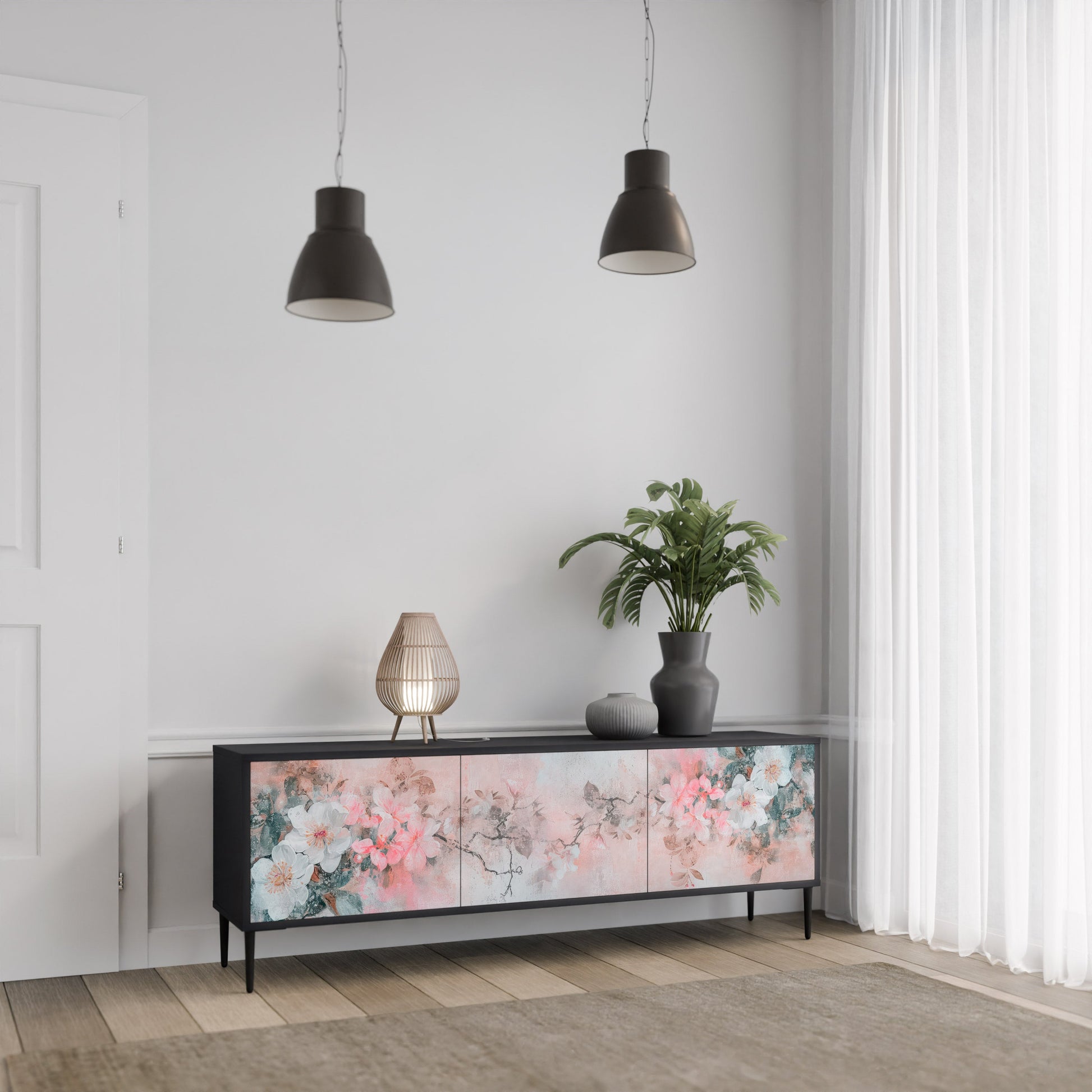 Meuble TV 3 portes CHERRY BLOSSOM finition noire