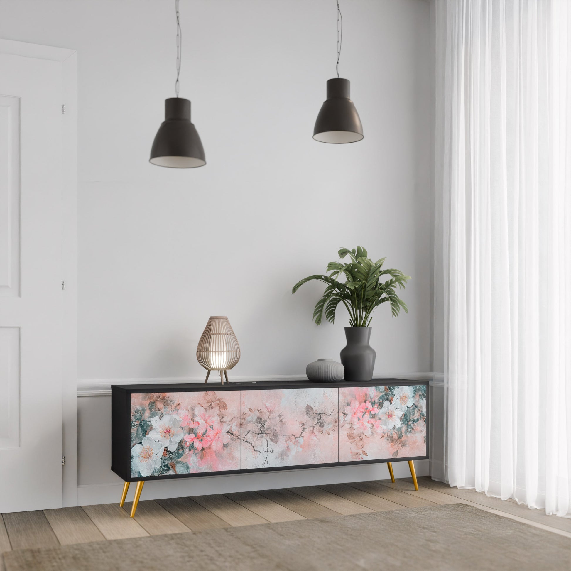Meuble TV 3 portes CHERRY BLOSSOM finition noire