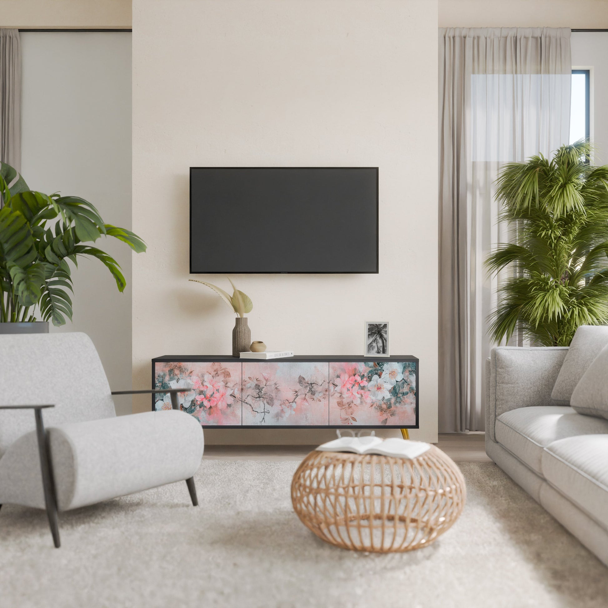 Meuble TV 3 portes CHERRY BLOSSOM finition noire