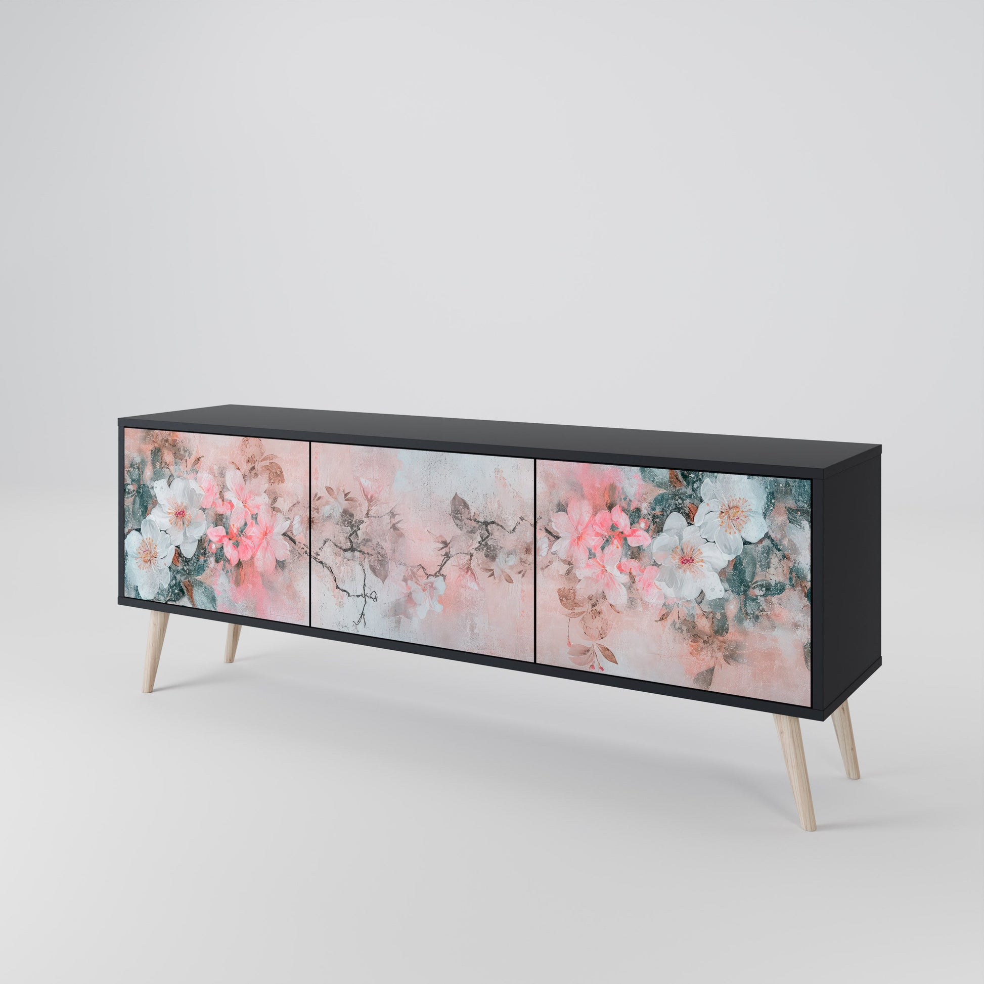 Meuble TV 3 portes CHERRY BLOSSOM finition noire