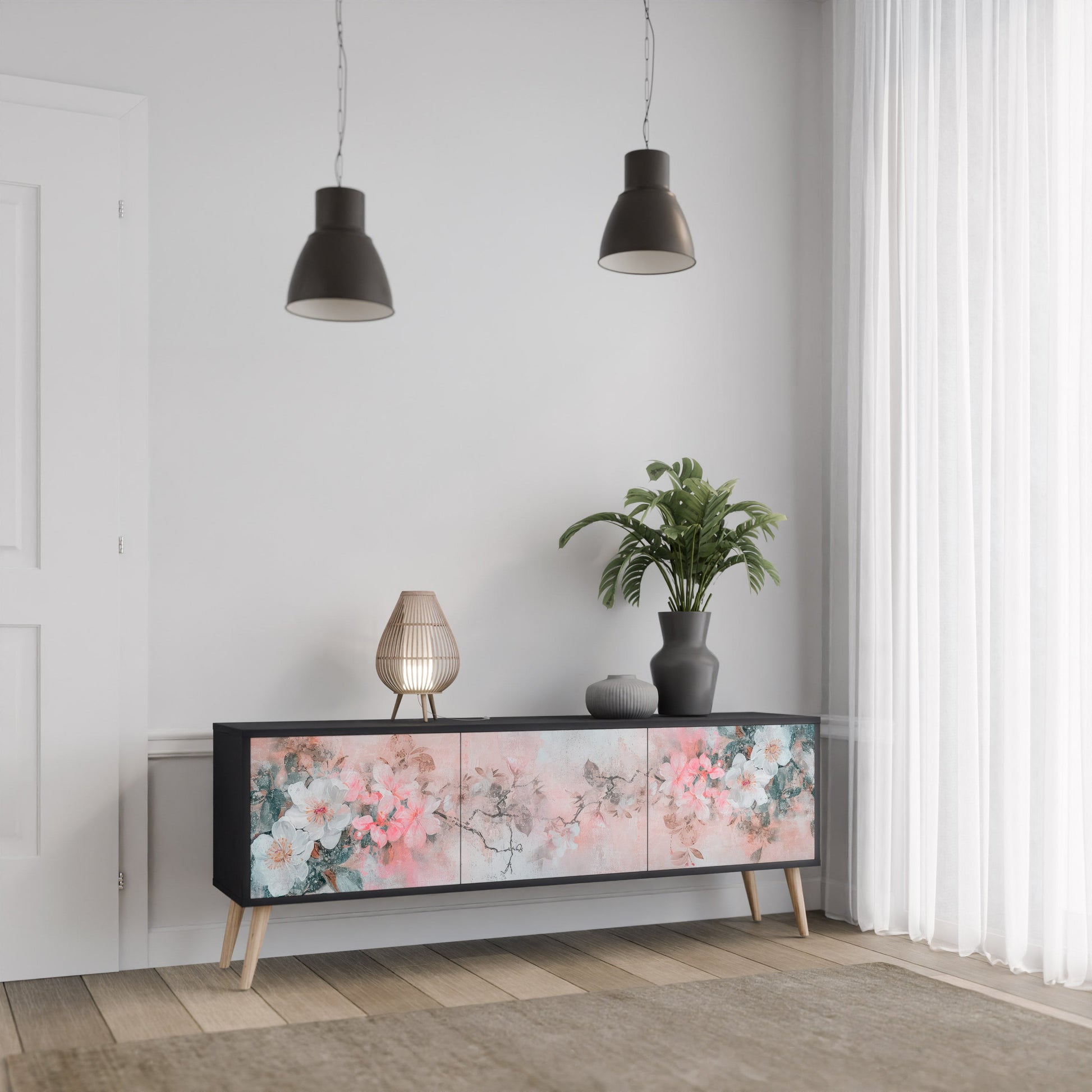 Meuble TV 3 portes CHERRY BLOSSOM finition noire
