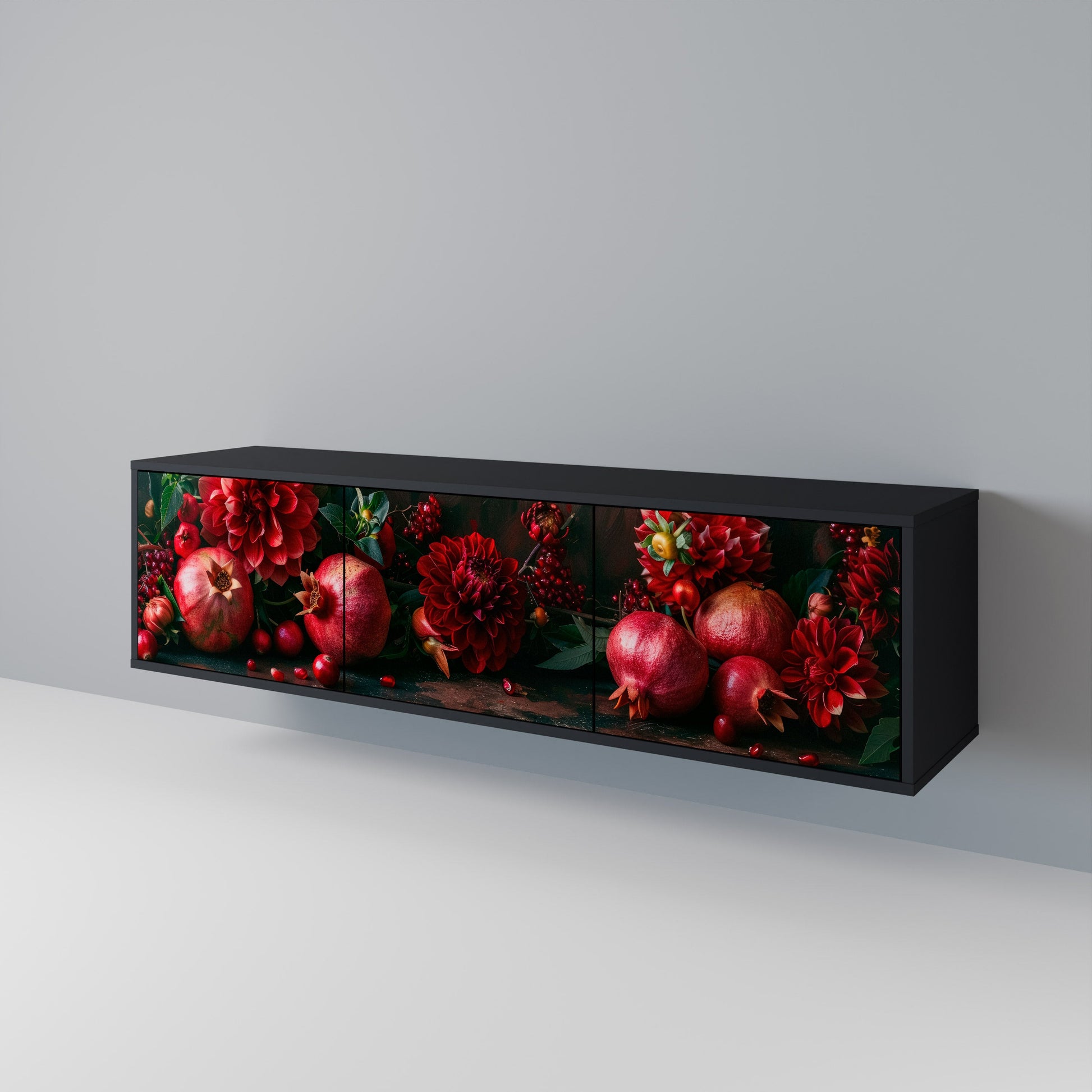 Meuble TV 3 portes DAHLIAS ET GRENADES, finition noire