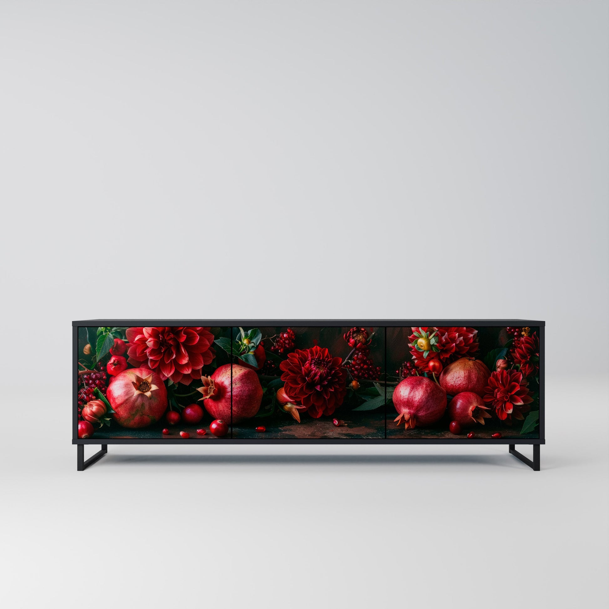 Meuble TV 3 portes DAHLIAS ET GRENADES, finition noire