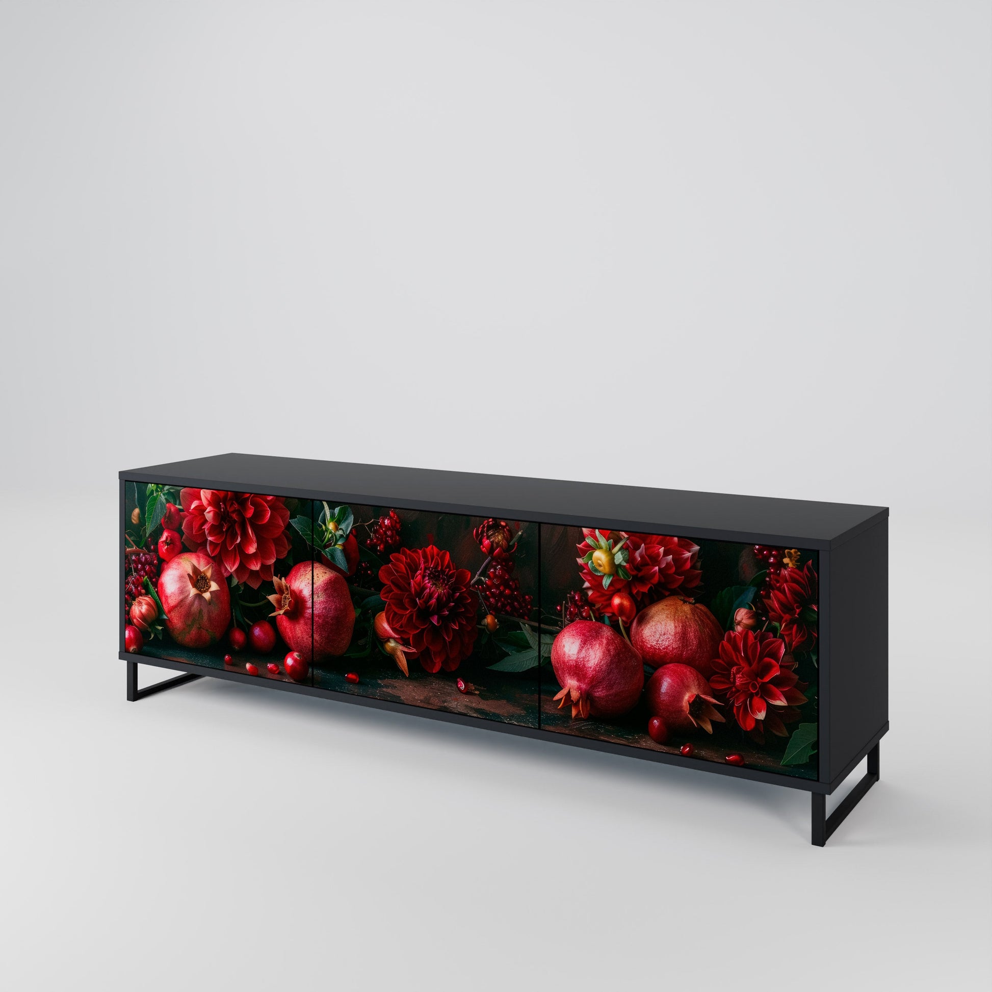 Meuble TV 3 portes DAHLIAS ET GRENADES, finition noire