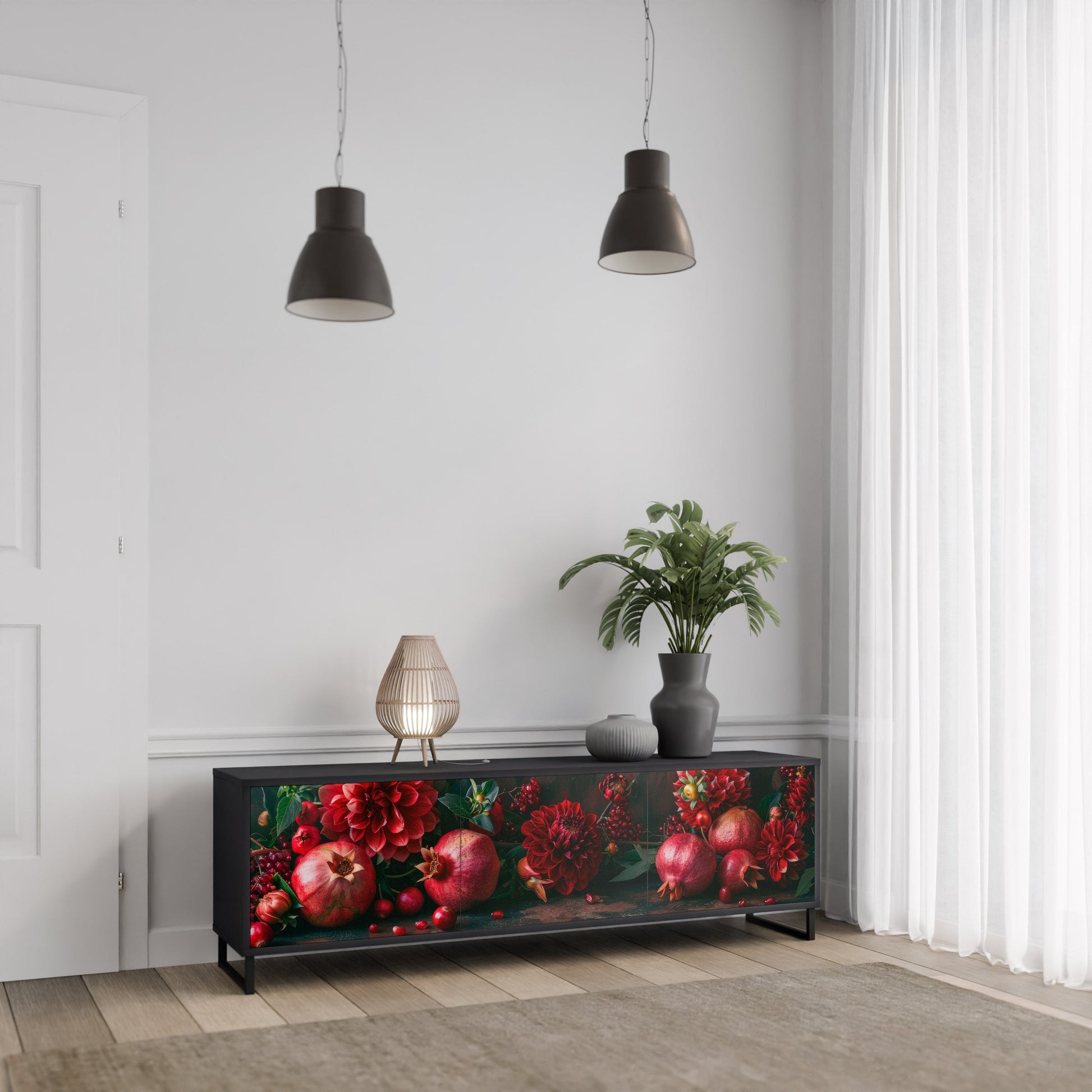 Meuble TV 3 portes DAHLIAS ET GRENADES, finition noire